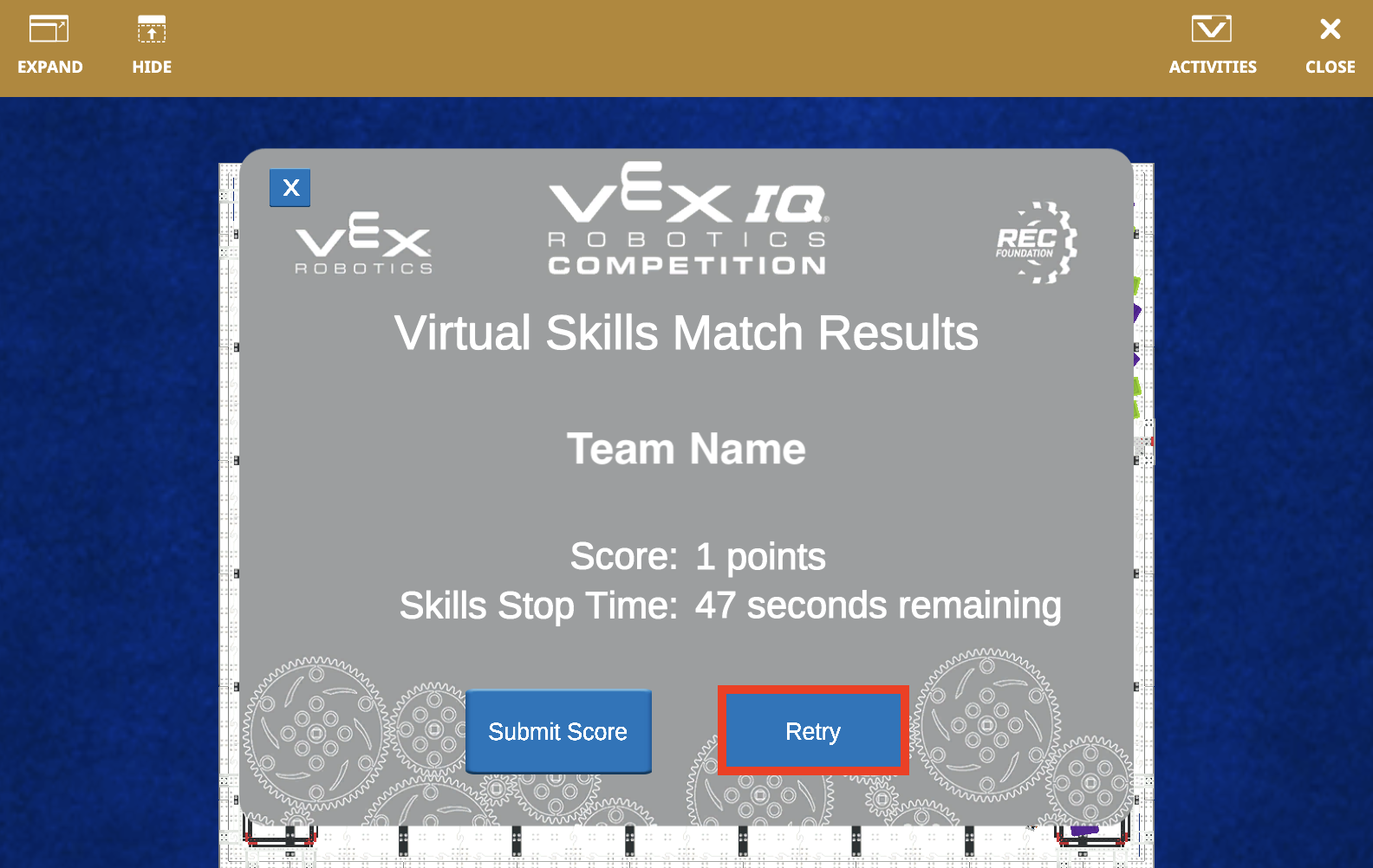 Ảnh chụp màn hình giao diện VEXcode VR hiển thị môi trường lập trình VIQC Full Volume (2023-2024), có các tùy chọn mã hóa theo khối để người dùng tạo và kiểm tra mã cho rô-bốt ảo trong bối cảnh giáo dục STEM.