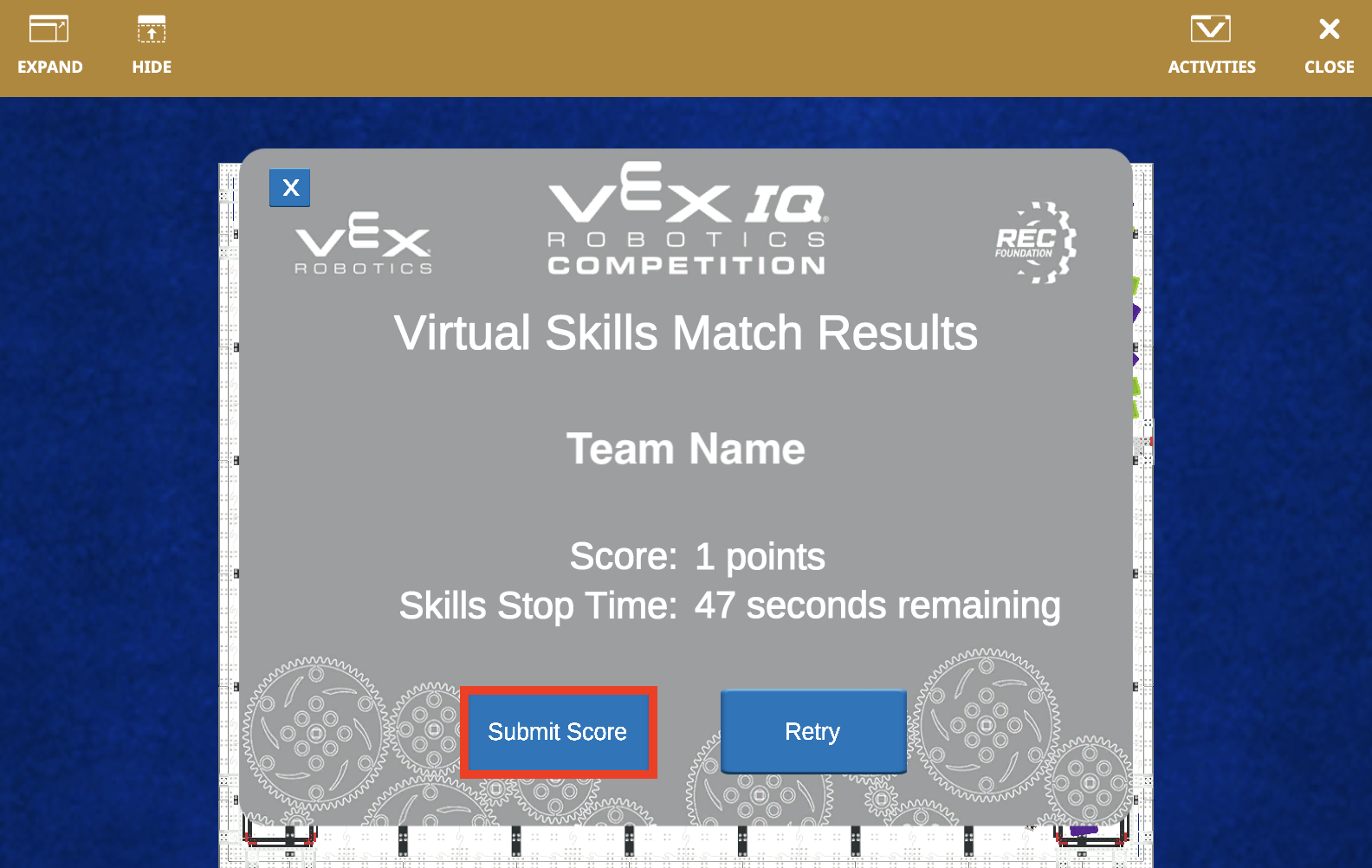 Diagrama que ilustra el VIQC Full Volume para la temporada 2023-2024 en VEXcode VR, mostrando las dimensiones y capacidades del robot virtual dentro del entorno de programación diseñado para la educación STEM.