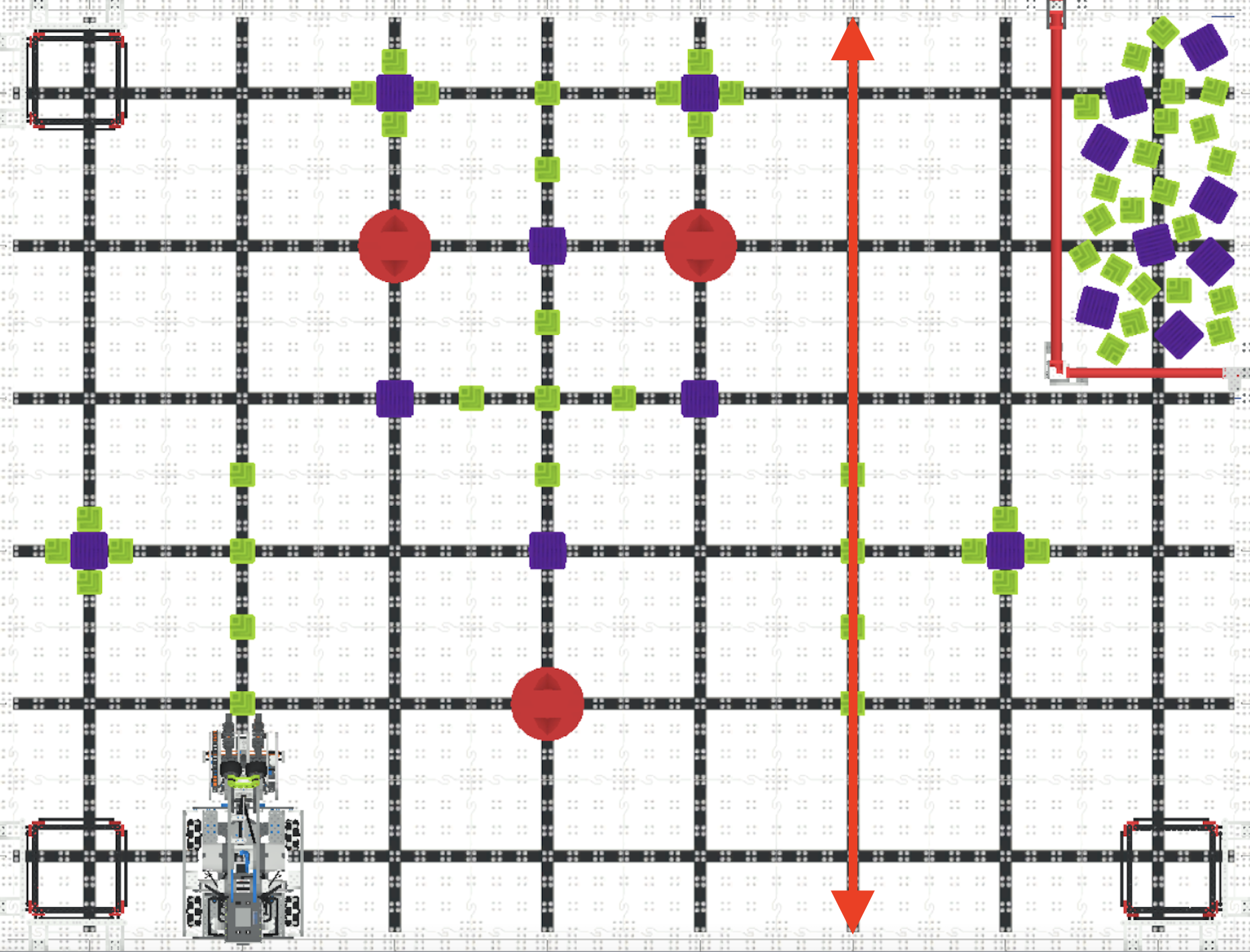 VIQC толық көлемді (2023-2024) бағдарламалау ортасын көрсететін VEXcode VR интерфейсінің скриншоты, білім беру контекстінде виртуалды роботты бағдарламалау үшін блок негізіндегі кодтау опцияларын көрсетеді.