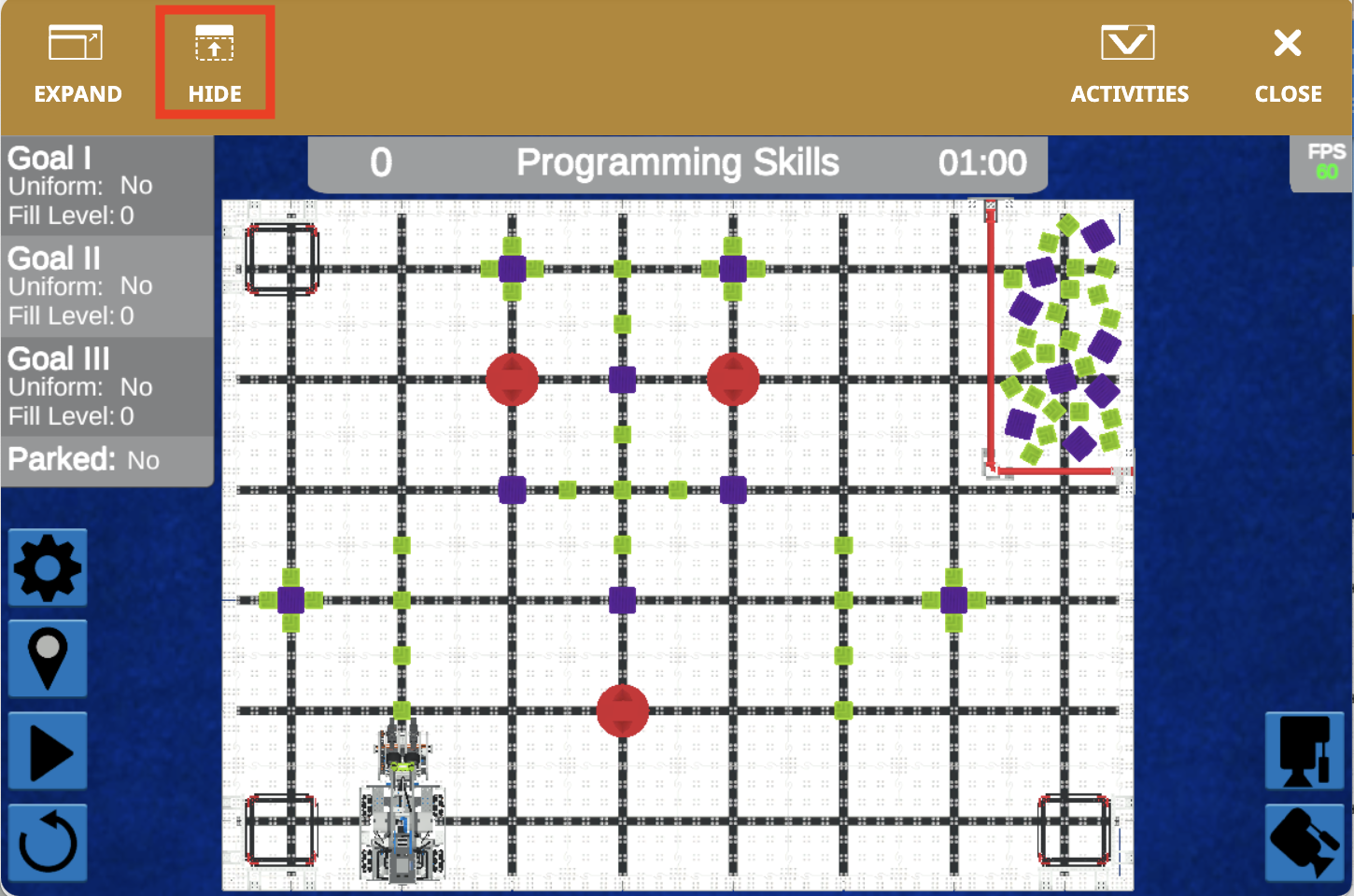 Diagram znázorňující VIQC Full Volume pro sezónu 2023-2024 ve VEXcode VR, znázorňující rozvržení a rozměry pro programování virtuálních robotů v simulovaném prostředí.