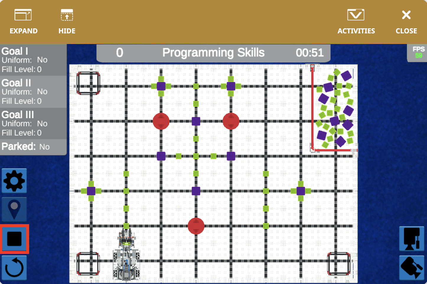 A 2023-2024-es szezon VIQC Full Volume specifikációit bemutató diagram a VEXcode VR-ben, bemutatva a méreteket és az elrendezést az optimális robottervezés és virtuális környezetben történő programozás érdekében.