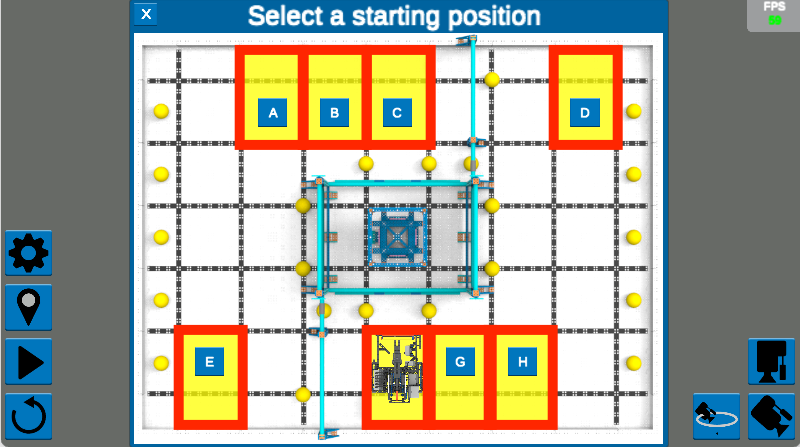 Screenshot van de VEXcode VR-interface met de programmeeromgeving voor de VIQC Pitching In-uitdaging, met op blokken gebaseerde coderingsopties en een virtuele robot voor educatieve doeleinden in STEM-onderwijs.