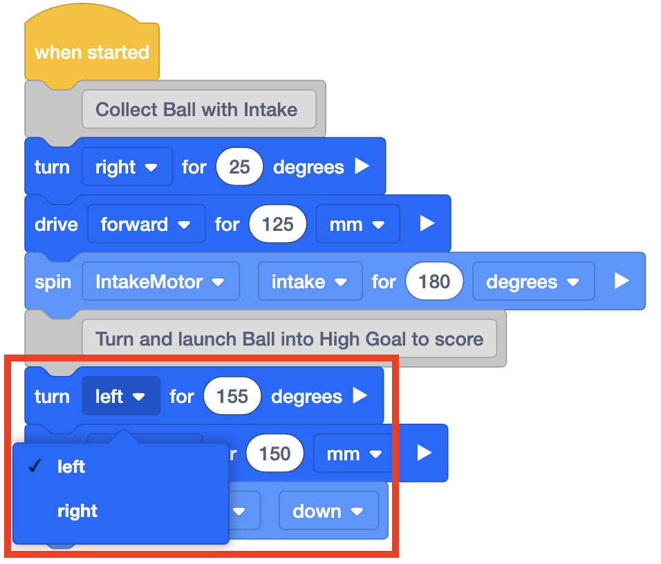 Captura de pantalla de un menú desplegable en VEXcode VR, que muestra las opciones para programar un robot virtual, relevante para la sección VIQC Pitching In (2021-2022), que ilustra la interfaz de codificación con fines educativos.