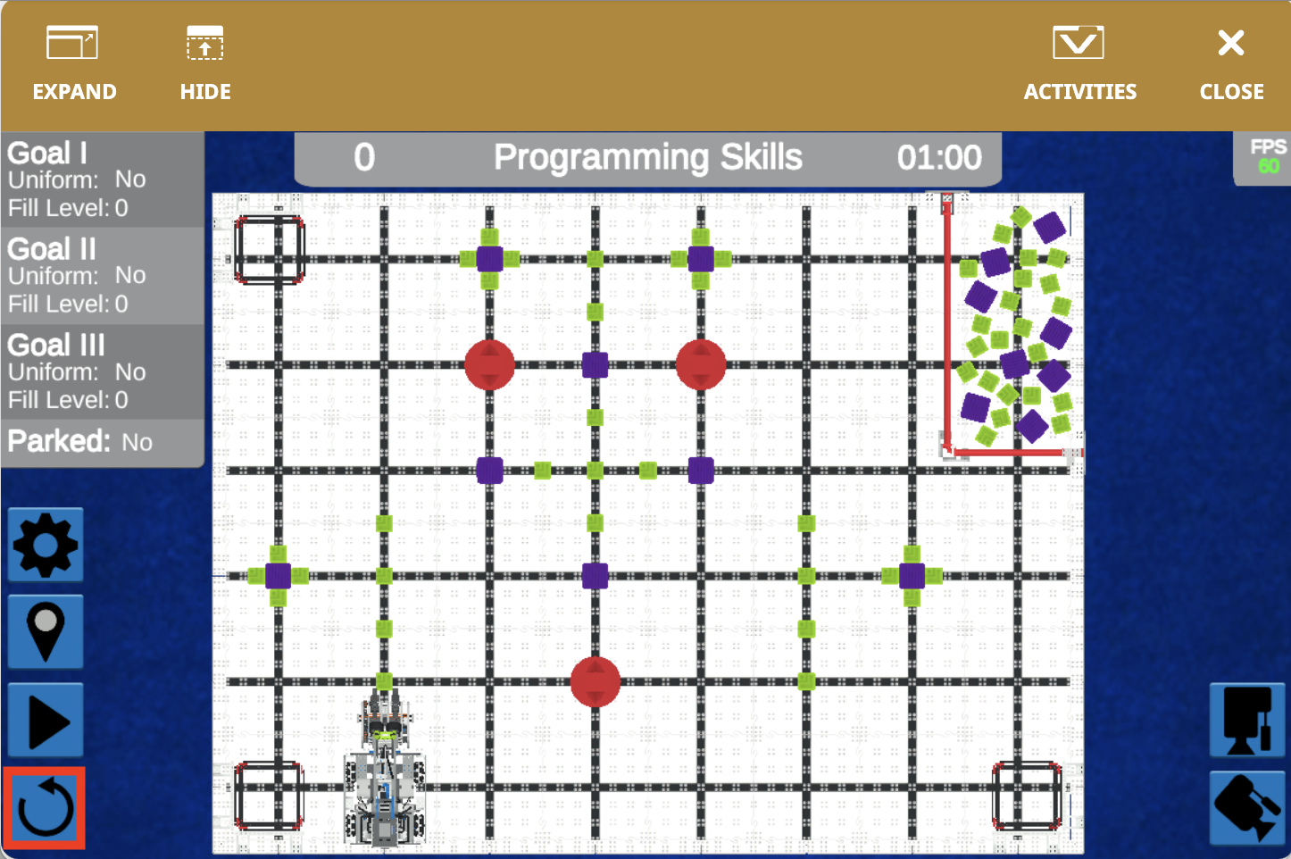 Capture d'écran de l'interface VEXcode VR présentant l'environnement de programmation VIQC Full Volume (2023-2024), avec des options de codage basées sur des blocs et du texte pour l'enseignement de la robotique virtuelle.