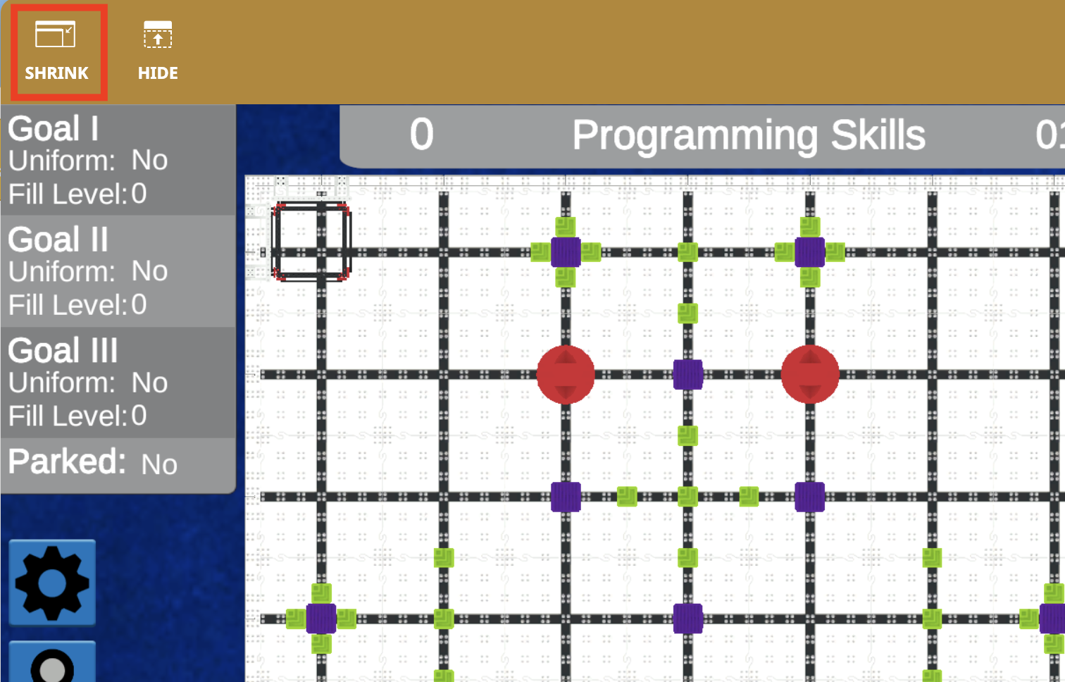 Diagrama, iliustruojanti VIQC Full Volume specifikacijas 2023–2024 m. sezonui VEXcode VR, kurioje pateikiami virtualių robotų programavimo ir mokymo programų STEM matmenys ir išdėstymas.