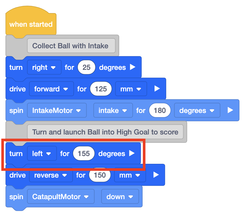 Captura de pantalla de una interfaz de programación VEXcode VR que muestra una configuración de código incorrecta para el desafío VIQC Pitching In (2021-2022), destacando un error común en la codificación basada en bloques para la educación en robótica.