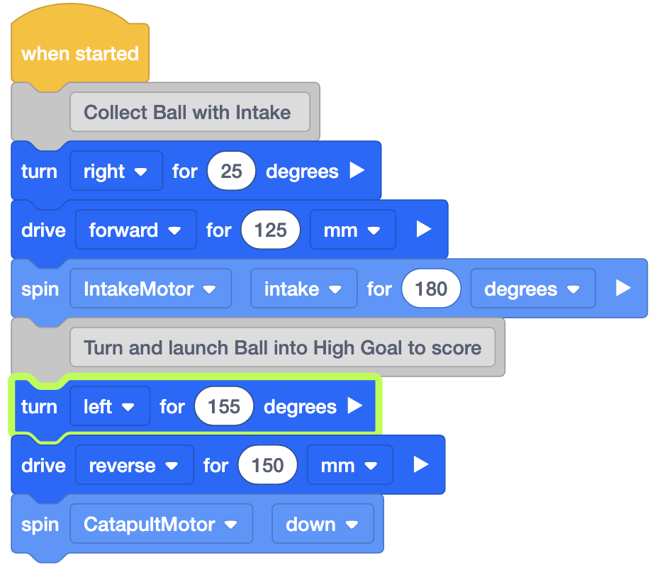 Imagen que muestra un error resaltado en la programación de VEXcode VR relacionado con el desafío VIQC Pitching In para 2021-2022, que ilustra un error de codificación con fines educativos en un entorno de robótica virtual.