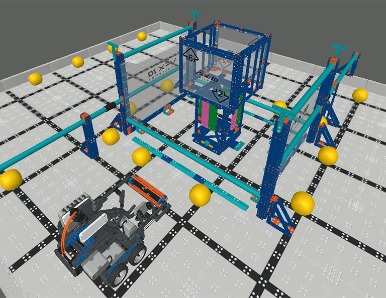 Screenshot dell'interfaccia VR di VEXcode che mostra le opzioni di codifica basate su blocchi, progettate per consentire agli utenti di apprendere concetti di codifica tramite la robotica virtuale, come parte del programma educativo VIQC Pitching In (2021-2022).