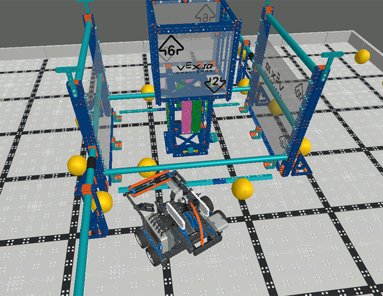 Bloco de lição 02 do VEXcode VR com um robô virtual e elementos de codificação, projetado para ensinar conceitos de codificação no currículo VIQC Pitching In (2021-2022), promovendo a educação STEM por meio de uma interface de programação baseada em blocos e texto.