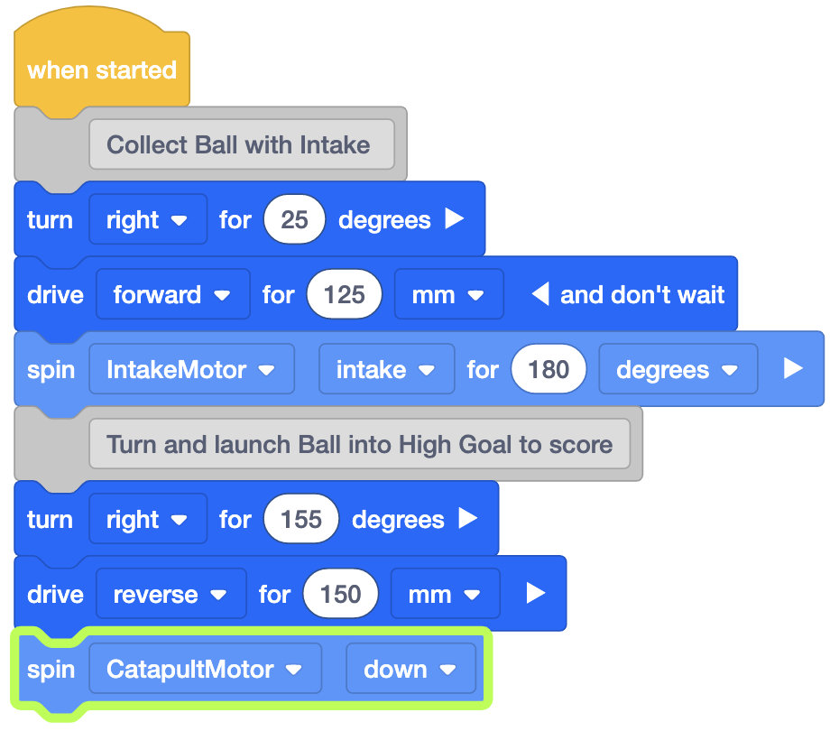 Screenshot dell'interfaccia di codifica basata su blocchi VEXcode VR che mostra i blocchi di programmazione utilizzati per la sfida VIQC Pitching In (2021-2022), illustrando l'ambiente di codifica del robot virtuale per scopi didattici nell'apprendimento STEM.