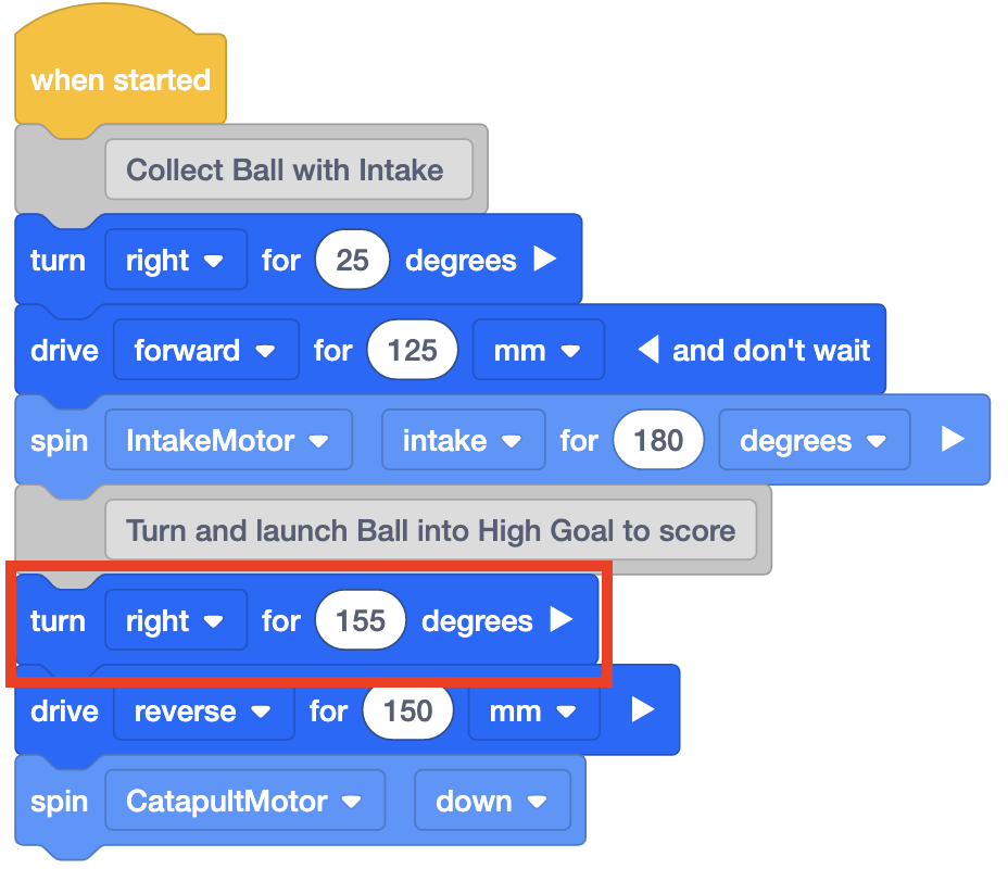 Screenshot dell'interfaccia VR di VEXcode che mostra un errore di programmazione corretto in un ambiente di codifica basato su blocchi, illustrando i concetti di codifica per la competizione VIQC Pitching In (2021-2022).