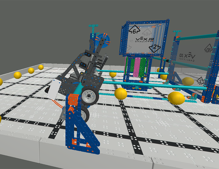 STEM öğreniminde eğitim amaçlı tasarlanan VIQC Pitching In (2021-2022) yarışmasının bir parçası olan sanal bir robotu programlamak için kullanılan blok tabanlı kodlama ortamını gösteren VEXcode VR arayüzünün ekran görüntüsü.