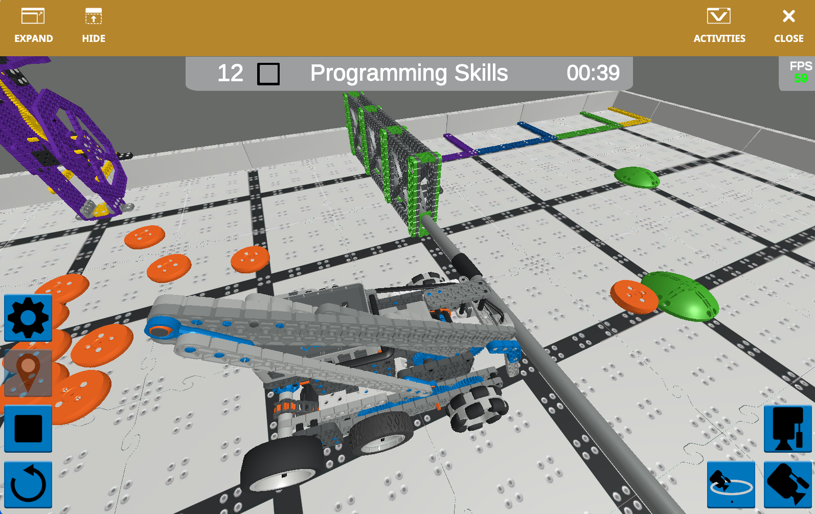 Capture d'écran de l'interface VEXcode VR montrant l'environnement de programmation VIQC Slapshot (2022-2023), proposant des options de codage par blocs permettant aux utilisateurs de créer et de déboguer du code pour un robot virtuel dans un contexte éducatif STEM.