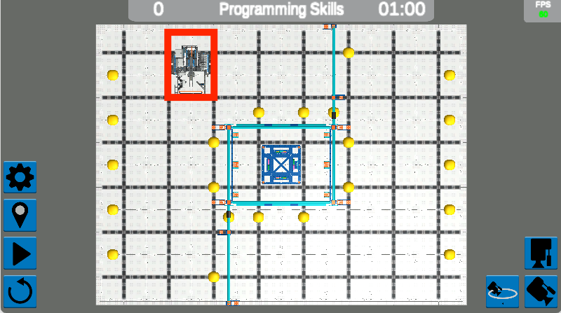 Captura de pantalla de la interfaz VEXcode VR que muestra el entorno de programación para el desafío VIQC Pitching In (2021-2022), con elementos de codificación basados en bloques y un robot virtual con fines educativos en el aprendizaje STEM.