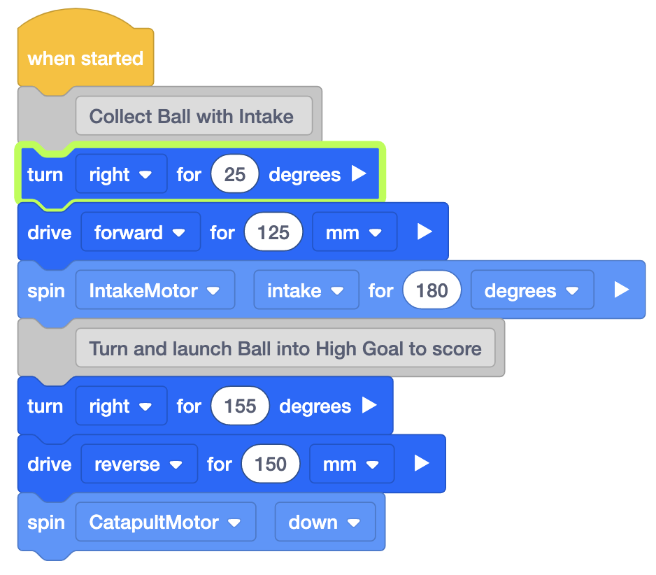 Captura de tela da interface VEXcode VR mostrando o ambiente de codificação baseado em blocos usado para programar um robô virtual, parte dos recursos educacionais do VIQC Pitching In (2021-2022).
