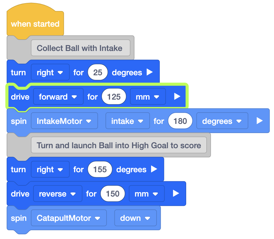 Captura de tela da interface VEXcode VR mostrando elementos de codificação baseados em blocos para o desafio VIQC Pitching In (2021-2022), ilustrando o ambiente de programação usado para aprender conceitos de codificação com um robô virtual.