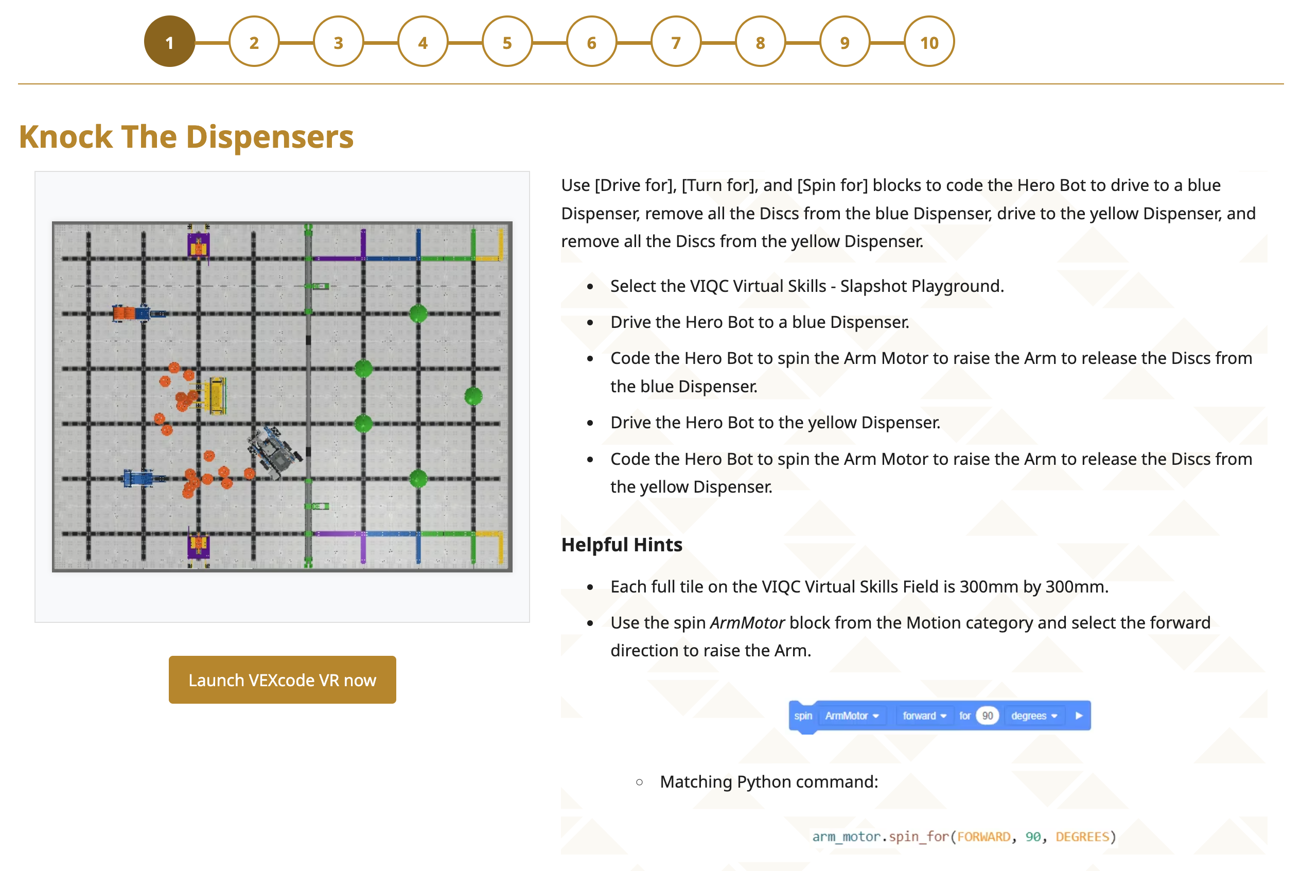 Captura de tela da interface VEXcode VR mostrando o ambiente de programação para VIQC Slapshot (2022-2023), apresentando opções de codificação baseadas em blocos e um robô virtual para prática de codificação e fins educacionais em STEM.