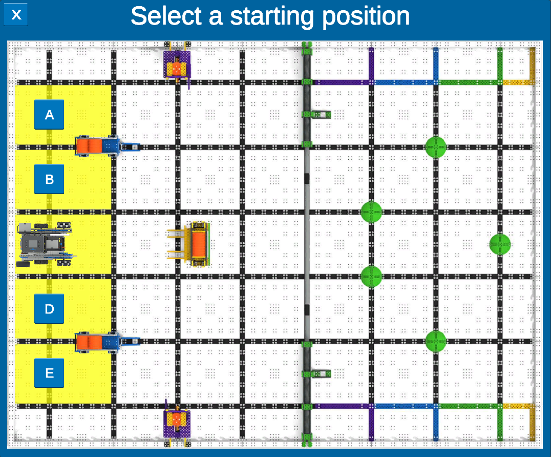 Diagrama que ilustra el diseño del campo de juego VIQC Slapshot para la temporada 2022-2023 en VEXcode VR, mostrando la ubicación de los elementos del juego y las zonas de puntuación para la programación de robótica educativa.