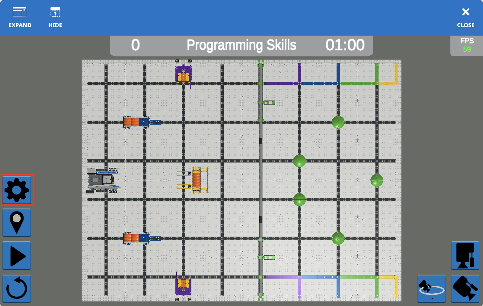 Screenshot dell'interfaccia VR di VEXcode che mostra l'ambiente di programmazione VIQC Slapshot (2022-2023), caratterizzato da un layout di codifica basato su blocchi per la programmazione di robot virtuali, progettato per scopi didattici nell'apprendimento STEM.