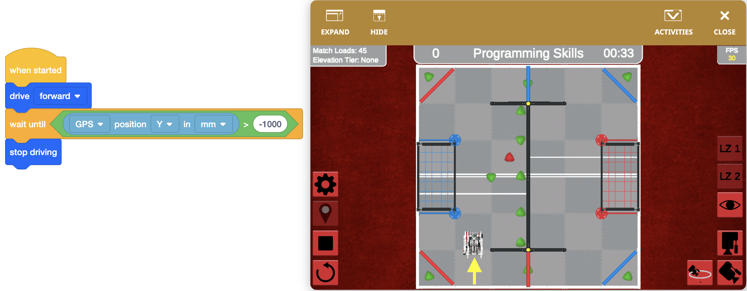Diagramme illustrant la disposition du terrain de jeu VRC Over Under pour la saison 2023-2024, présentant la disposition des obstacles, des zones et des zones de score pertinentes pour la programmation VR VEXcode et l'enseignement de la robotique.