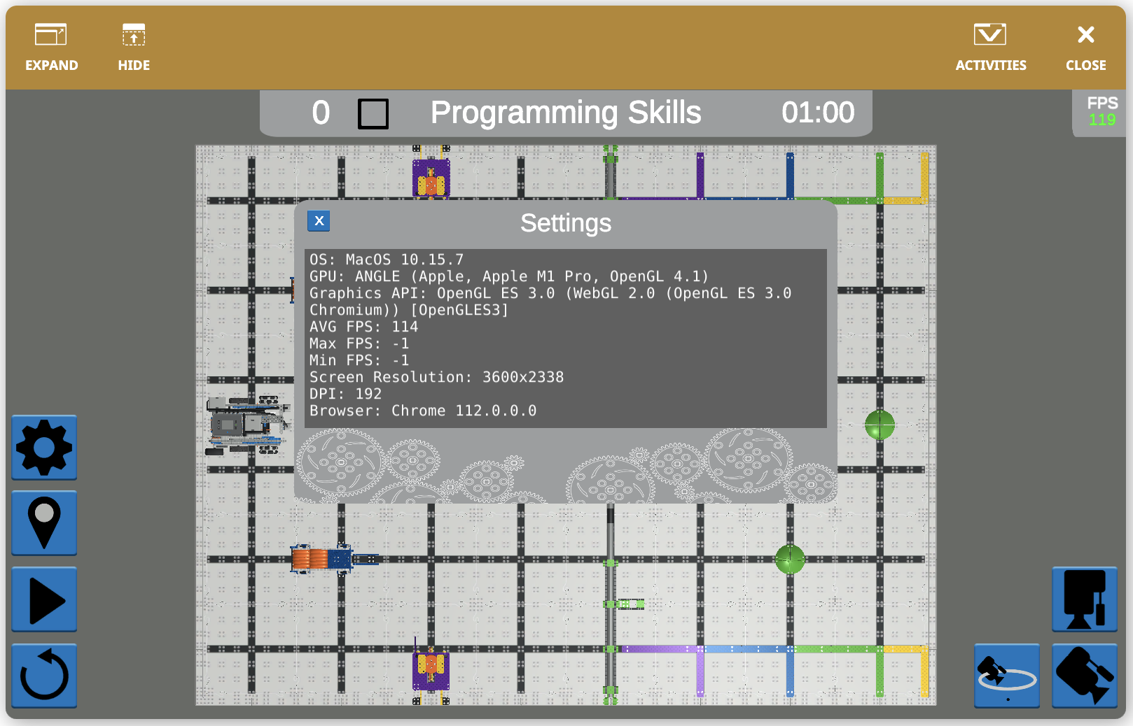Captura de tela da interface VEXcode VR mostrando blocos de programação para VIQC Slapshot (2022-2023), ilustrando conceitos de codificação e controle de robôs virtuais para fins educacionais em aprendizagem STEM.