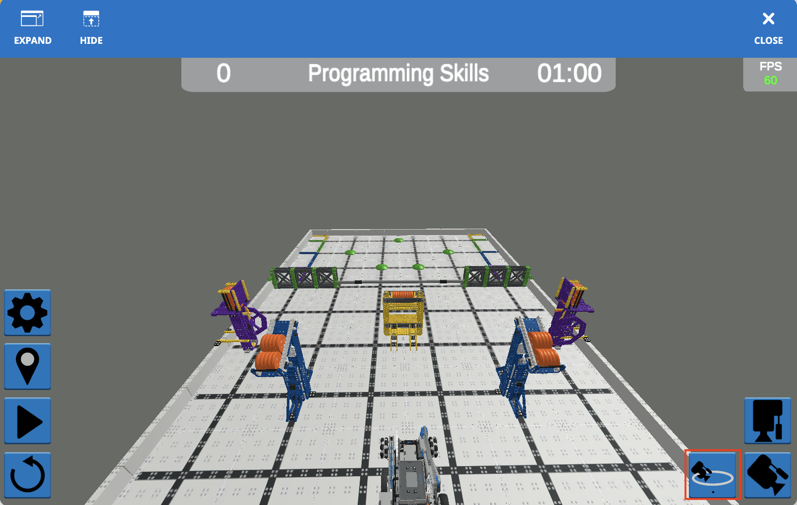 Screenshot dell'interfaccia VR di VEXcode che mostra l'ambiente di programmazione VIQC Slapshot (2022-2023), caratterizzato da opzioni di codifica basate su blocchi per il controllo di robot virtuali, progettato per migliorare l'istruzione STEM e le competenze di codifica.