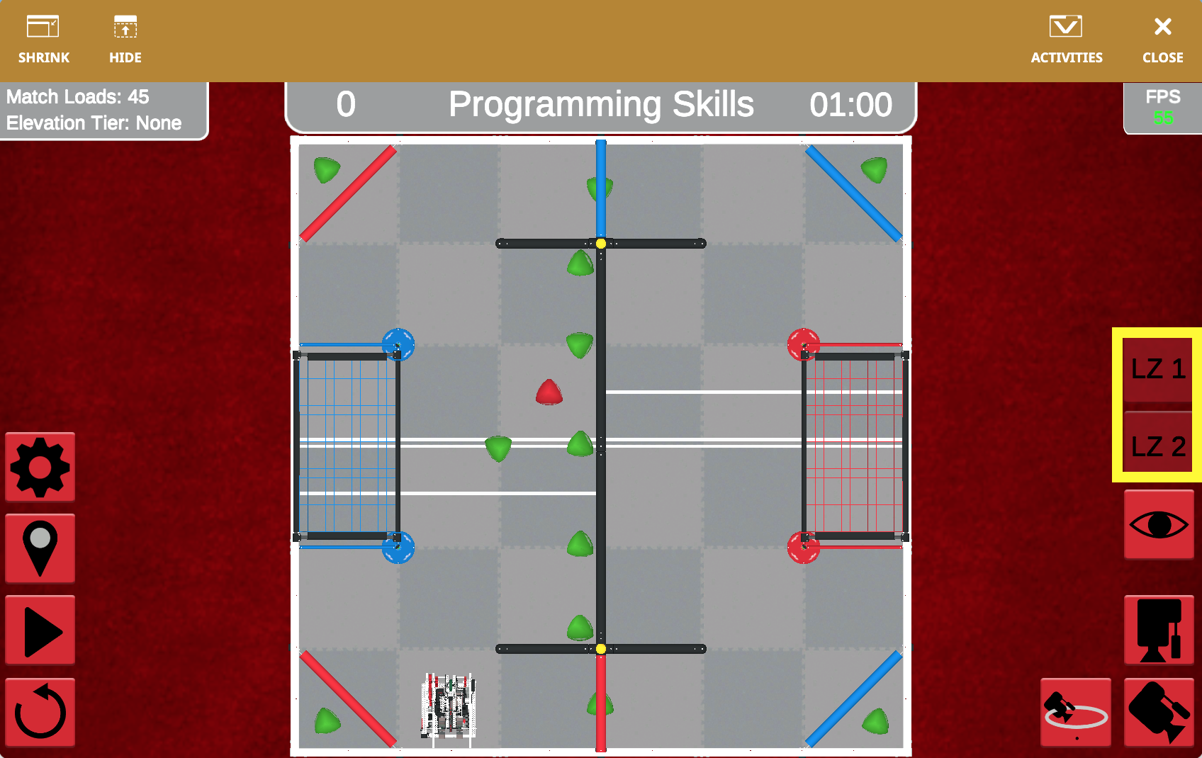 Diagramm, das den Spielfeldaufbau des VRC Over Under für die Saison 2023–2024 illustriert und die Anordnung der Hindernisse und Zonen für die VEXcode VR-Programmierherausforderungen zeigt.