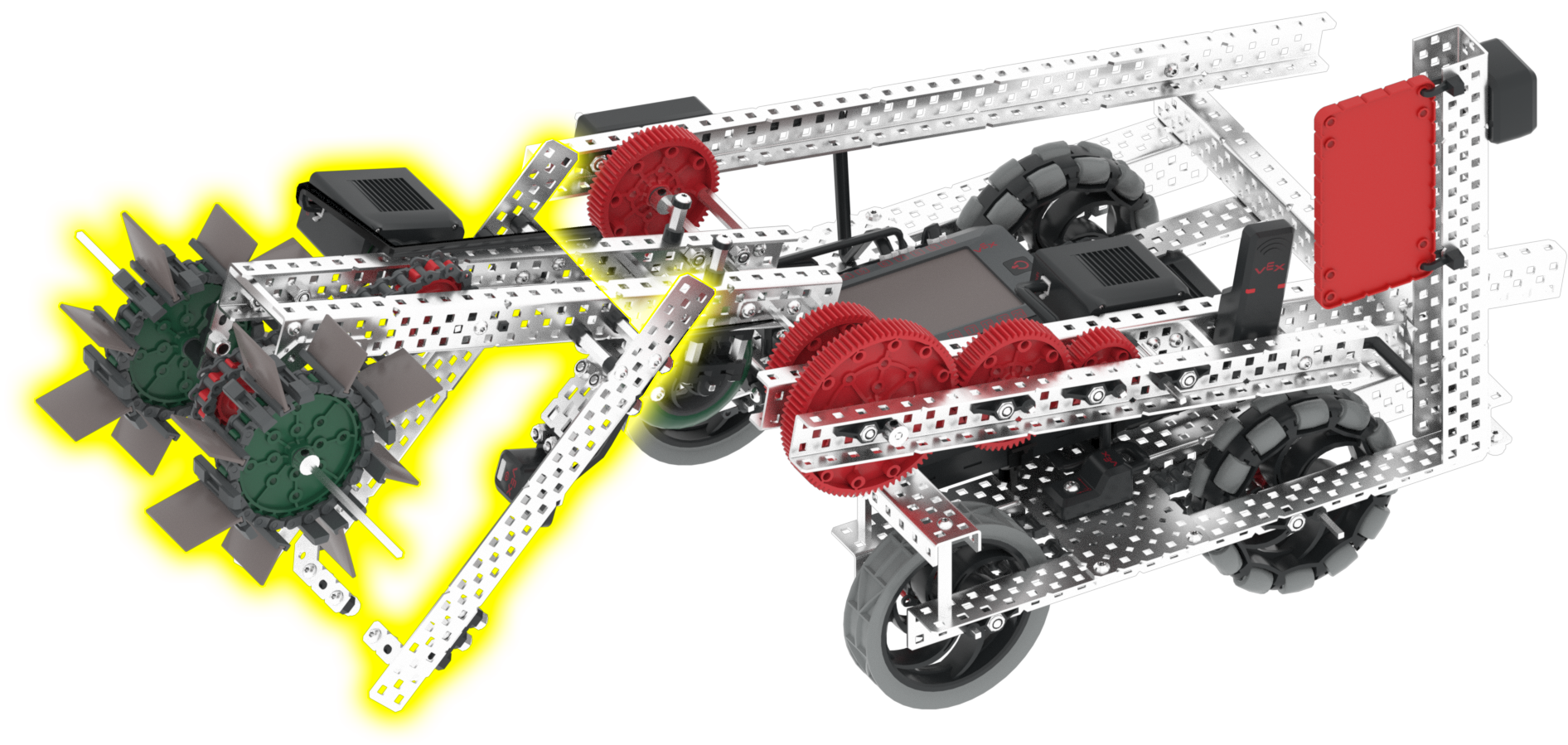 Diagramma, kas ilustrē VRC Over Under 2023-2024 spēles lauka izkārtojumu VEXcode VR, parādot šķēršļu un zonu izvietojumu virtuālo robotu programmēšanai konkurences vidē.