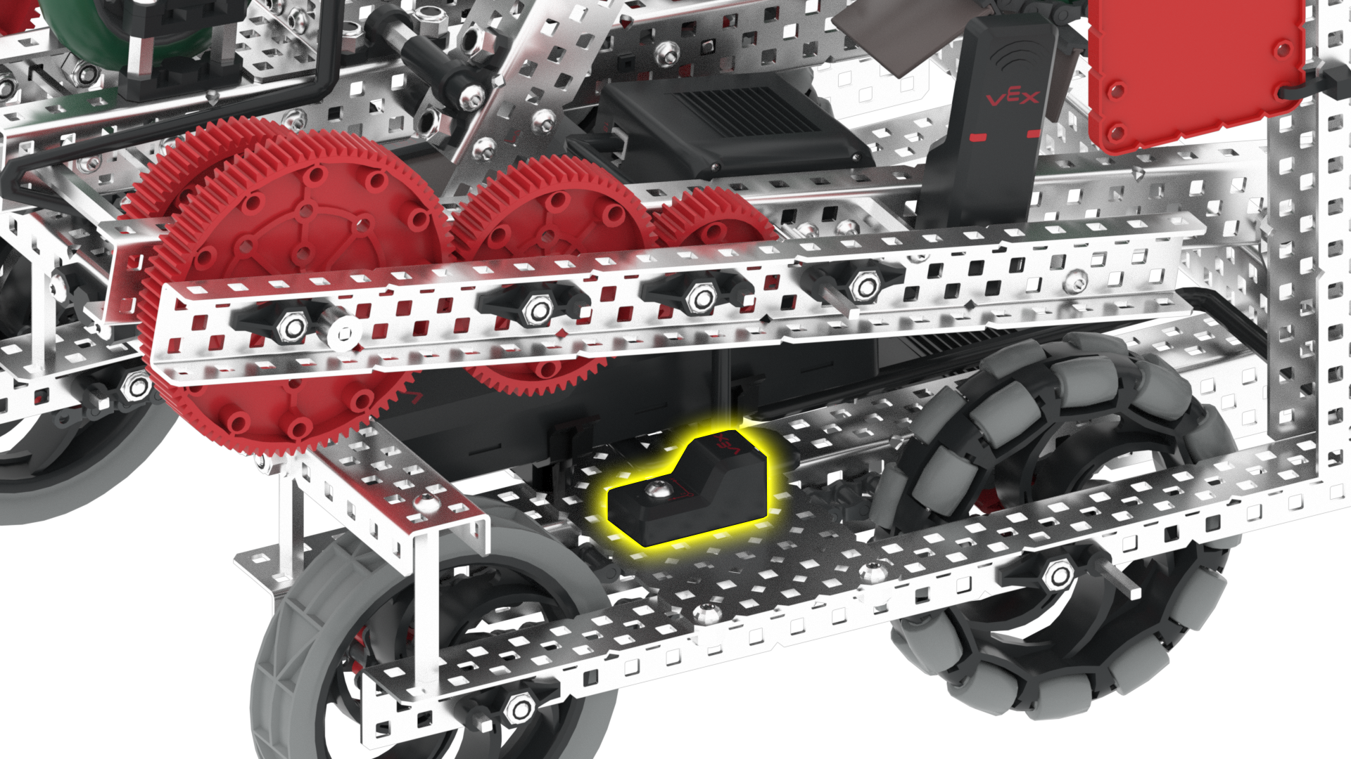 2023～2024 シーズンの VRC Over Under ゲーム フィールド レイアウトを示す図。VEXcode VR プログラミング環境での使用を目的として設計されており、ロボット競技の障害物とゾーンの配置を示しています。