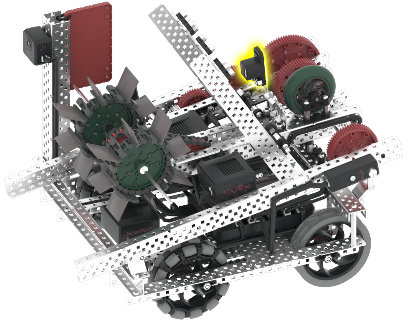 Interfaz de realidad virtual VEXcode que muestra el desafío VRC Over Under para 2023-2024, con un robot virtual y bloques de codificación, diseñados para enseñar conceptos de codificación y principios de robótica en un entorno educativo.