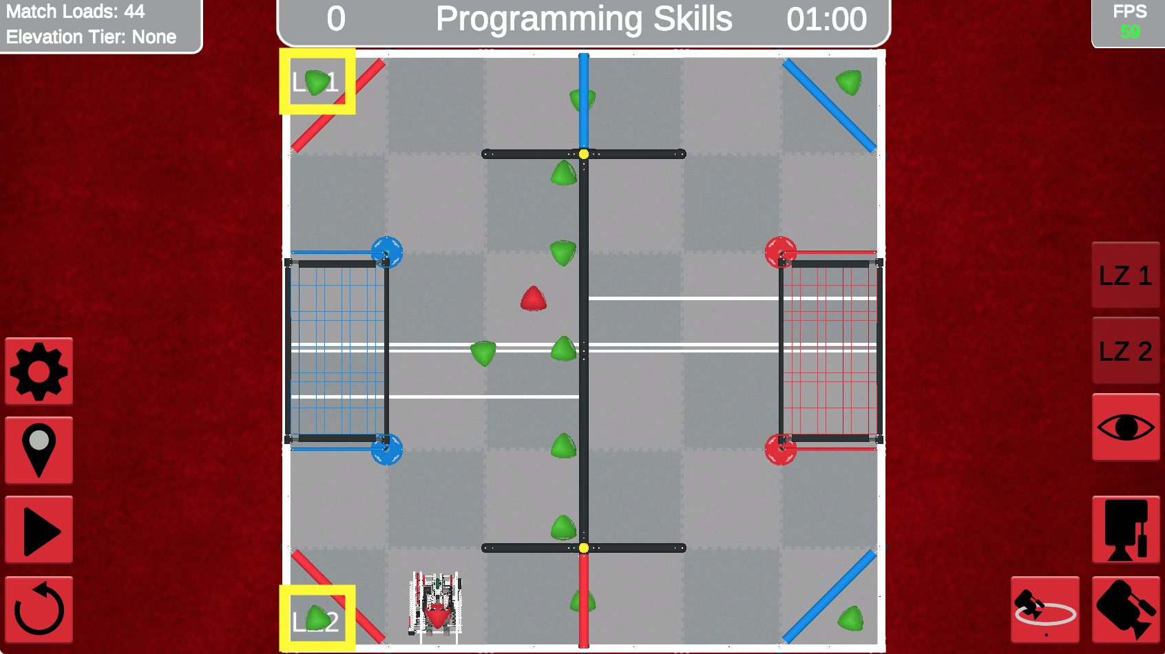 Diagrama ilustrando o layout do campo de competição VRC Over Under para a temporada 2023-2024, apresentando zonas designadas e áreas de pontuação para desafios de programação VEXcode VR.