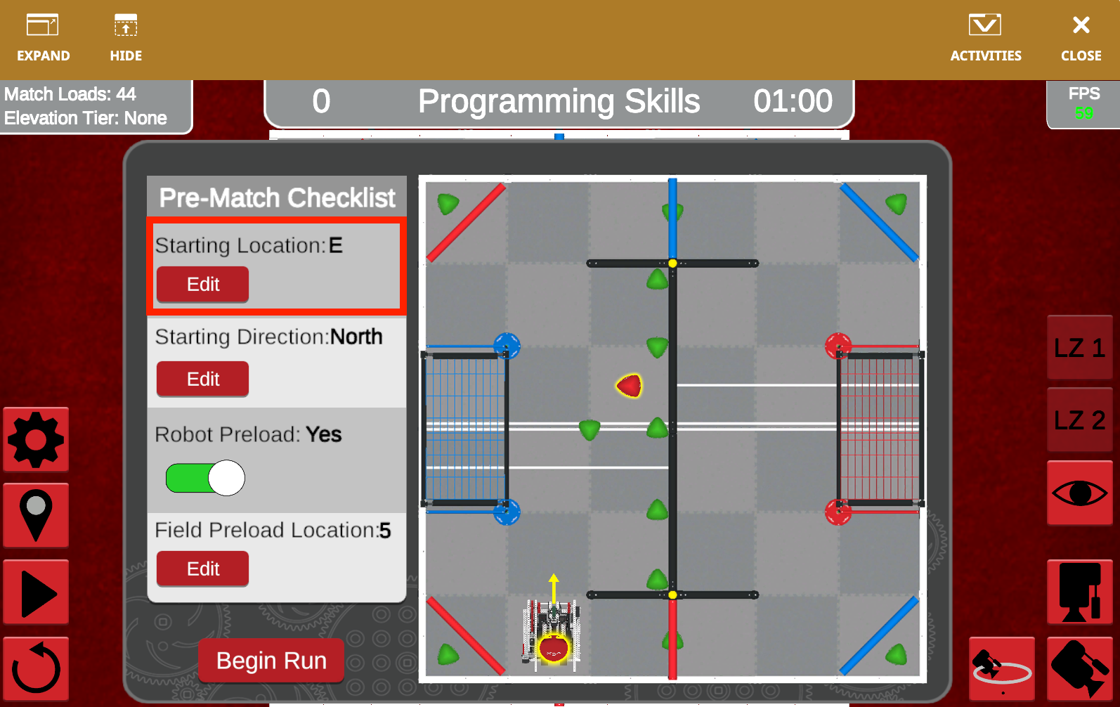 Diagramme illustrant l'aménagement du terrain de jeu VRC Over Under pour la saison 2023-2024, présentant les zones et les obstacles pour les défis de programmation VEXcode VR dans un environnement robotique virtuel.