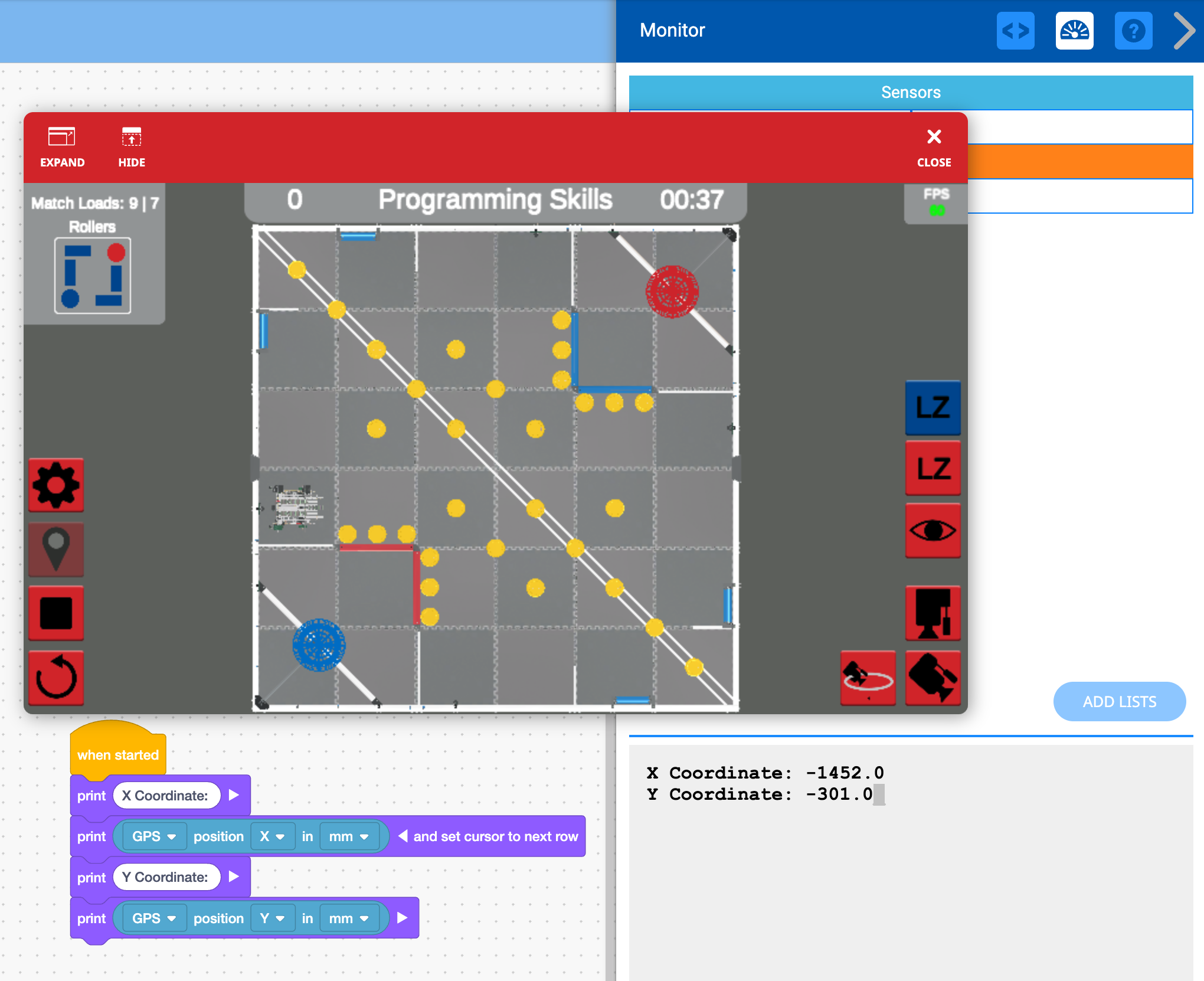Captura de pantalla de la interfaz VEXcode VR que muestra las opciones de codificación basadas en bloques para programar un robot virtual, diseñado con fines educativos en la competencia VRC Spin Up (2022-2023), enfatizando el aprendizaje STEM y los conceptos de codificación.
