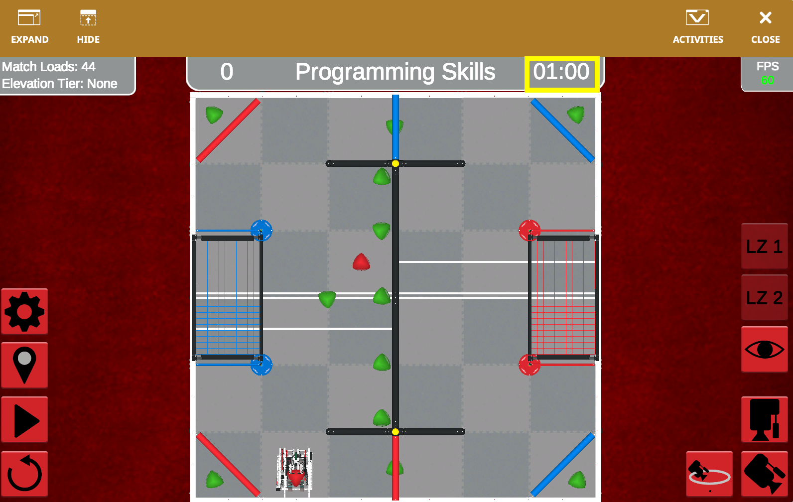 Diagramme illustrant la disposition du terrain de jeu VRC Over Under 2023-2024, montrant la disposition des obstacles, des zones et des zones de notation pour les défis de programmation VEXcode VR liés à la robotique et à l'éducation STEM.