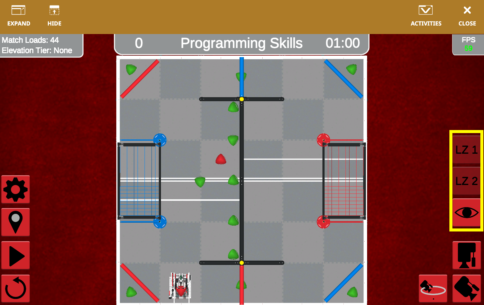 Diagramme illustrant la disposition du terrain de jeu VRC Over Under pour la saison 2023-2024, présentant les zones désignées, les obstacles et les zones de score pertinentes pour la programmation VR VEXcode et l'enseignement de la robotique.