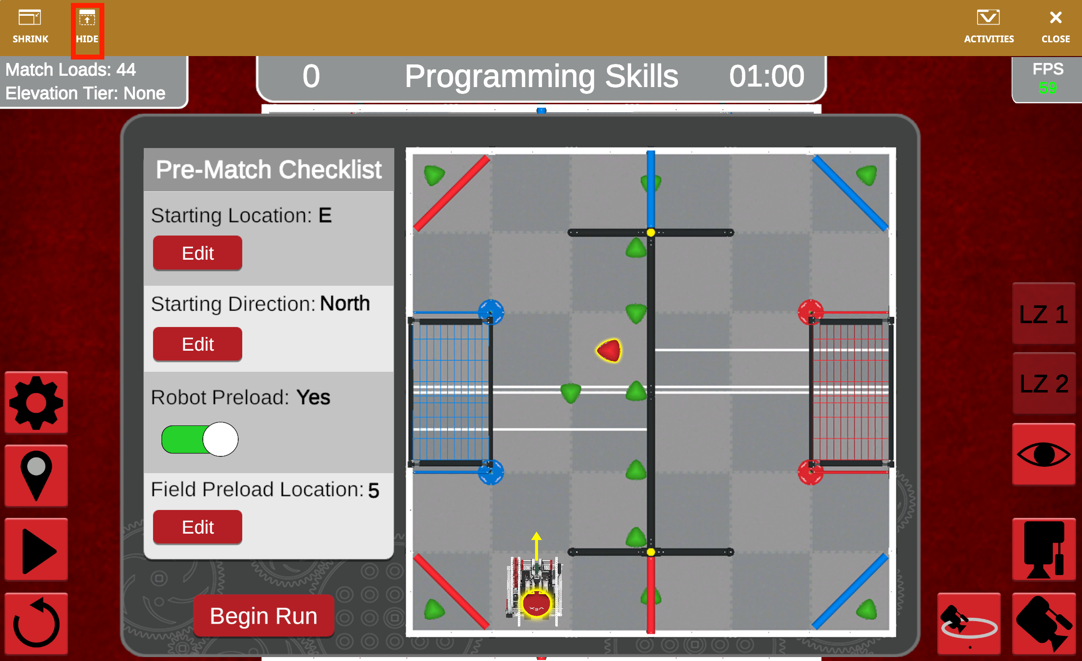 Diagramma che illustra la disposizione del campo di gioco VRC Over Under per la stagione 2023-2024, che mostra la disposizione degli ostacoli e delle zone per le sfide di programmazione VR e robotica VEXcode.