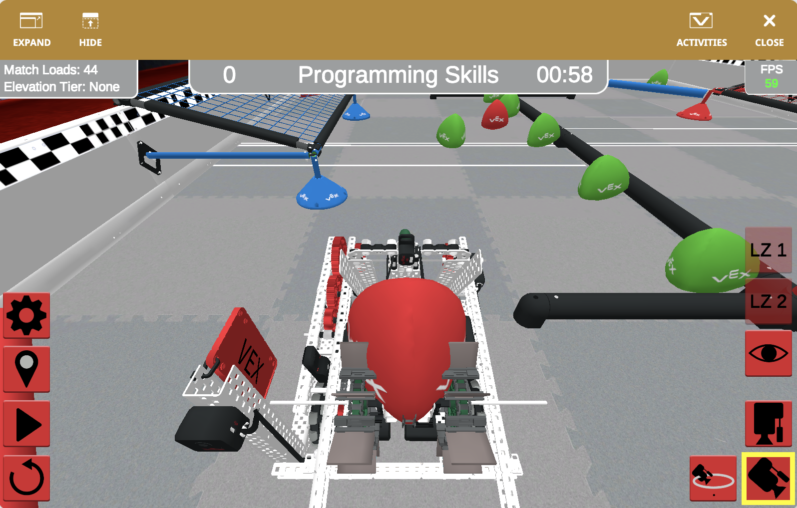 Diagramma che illustra la disposizione del campo di gioco VRC Over Under per la stagione 2023-2024, con aree designate per le interazioni con i robot e zone di punteggio, rilevanti per la programmazione VR VEXcode e la formazione in robotica.