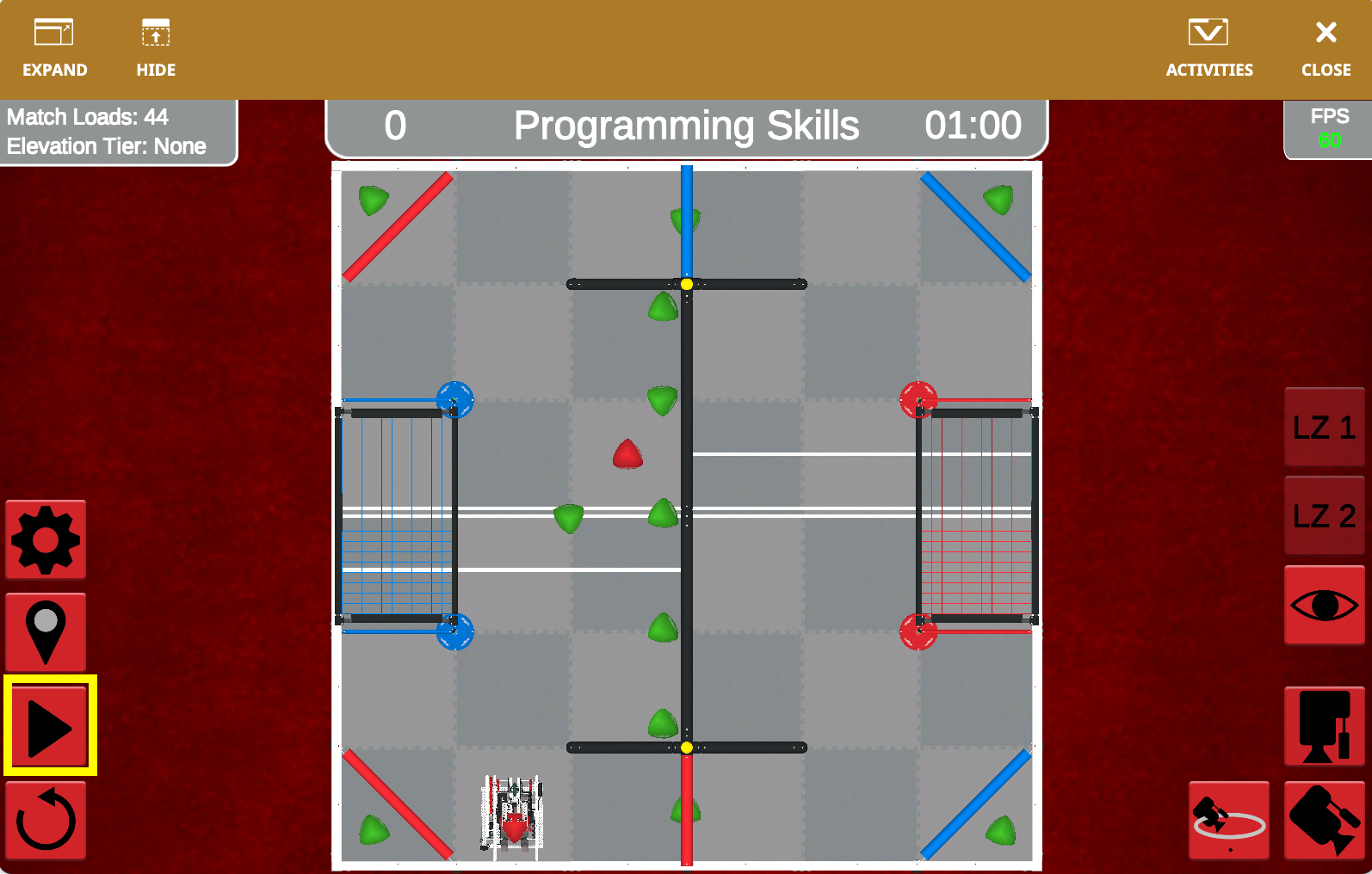 Diagrama que ilustra el diseño del campo de juego VRC Over Under para la temporada 2023-2024, mostrando zonas, áreas de puntuación y trayectorias de robots, diseñado para mejorar la comprensión del entorno de programación VEXcode VR y los principios de robótica.