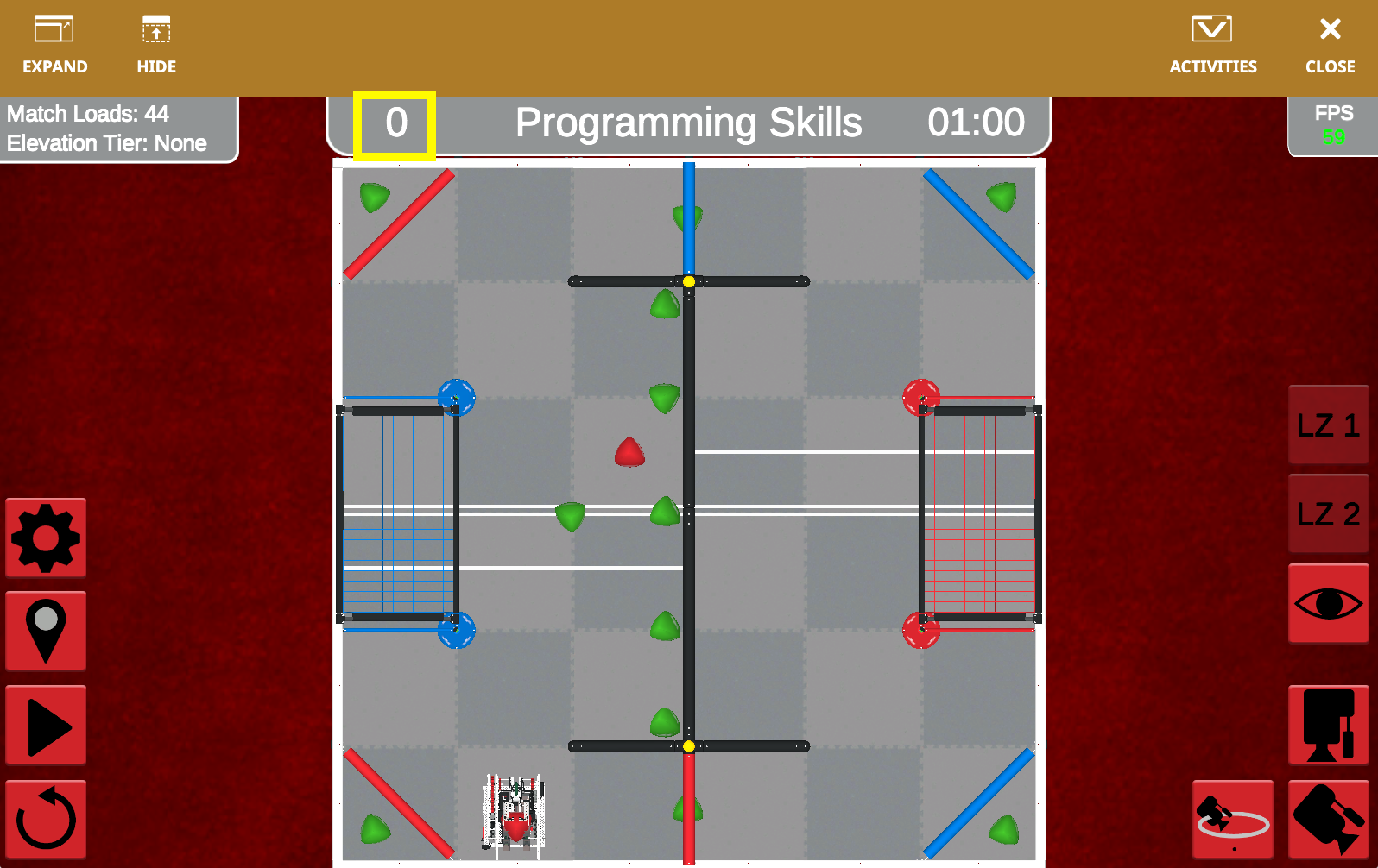 Captura de pantalla de la interfaz de programación VEXcode VR que muestra el desafío VRC Over Under para la temporada 2023-2024, con elementos de codificación basados en bloques y un robot virtual en un entorno simulado.