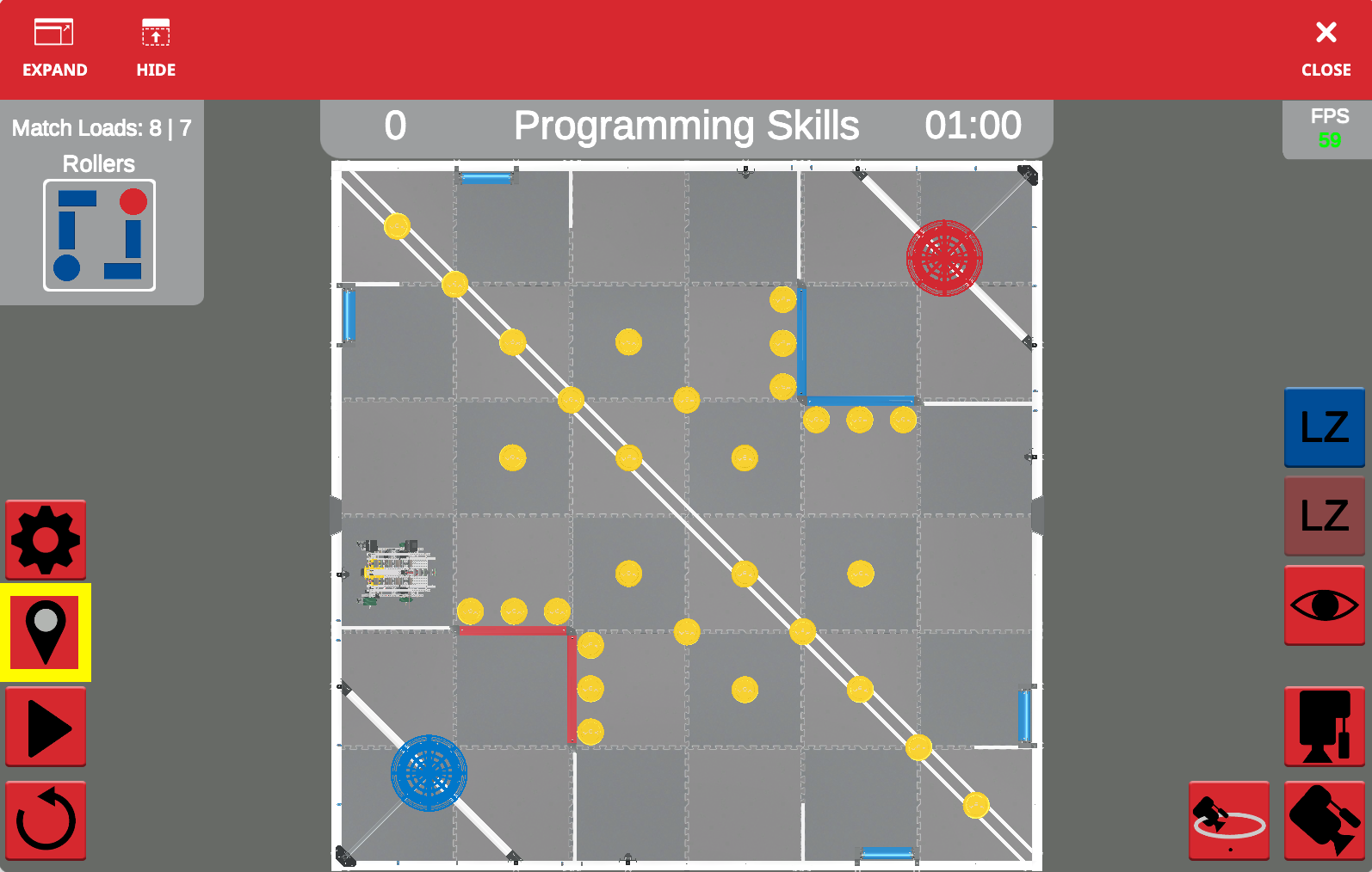 VEXcode VR saskarnes ekrānuzņēmums, kurā parādīta uz blokiem balstīta kodēšanas vide virtuālā robota programmēšanai, kas izstrādāta izglītojošiem nolūkiem STEM, īpaši VRC Spin Up (2022-2023) konkursam.