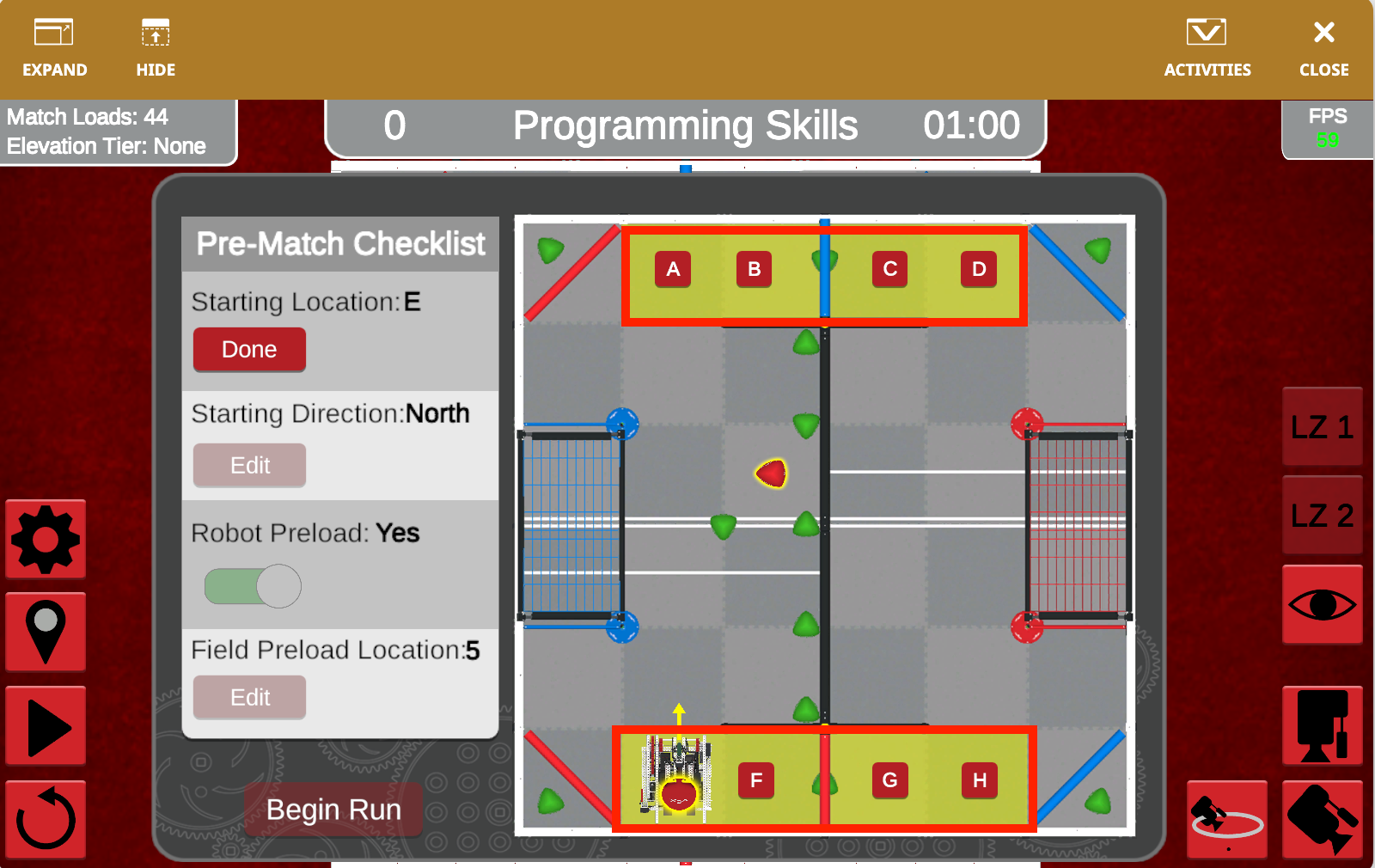 Screenshot van de VEXcode VR-programmeerinterface met de VRC Over Under-uitdaging voor 2023-2024, met een op blokken gebaseerde coderingslay-out die is ontworpen voor educatief gebruik in robotica en coderingsconcepten.