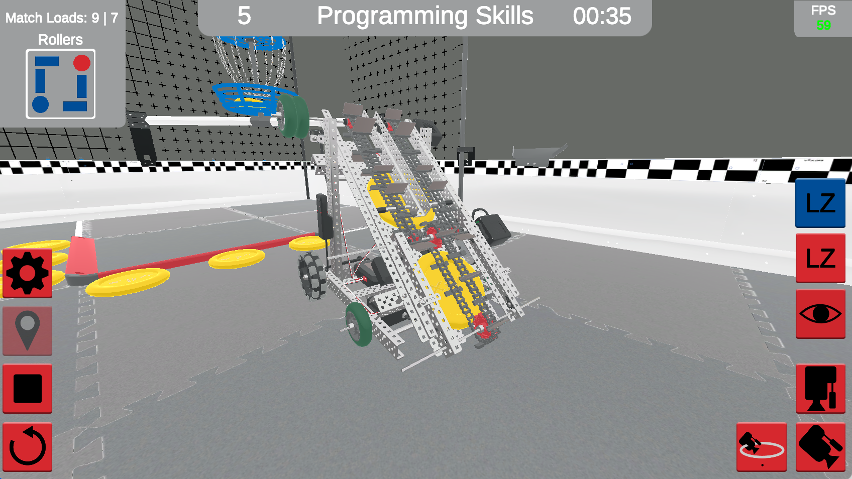 VEXcode VR sąsajos ekrano kopija, kurioje demonstruojamos blokų kodavimo galimybės, skirtos programuoti virtualų robotą, sukurtą švietimo tikslais STEM, ypač VRC Spin Up (2022–2023) konkursui.