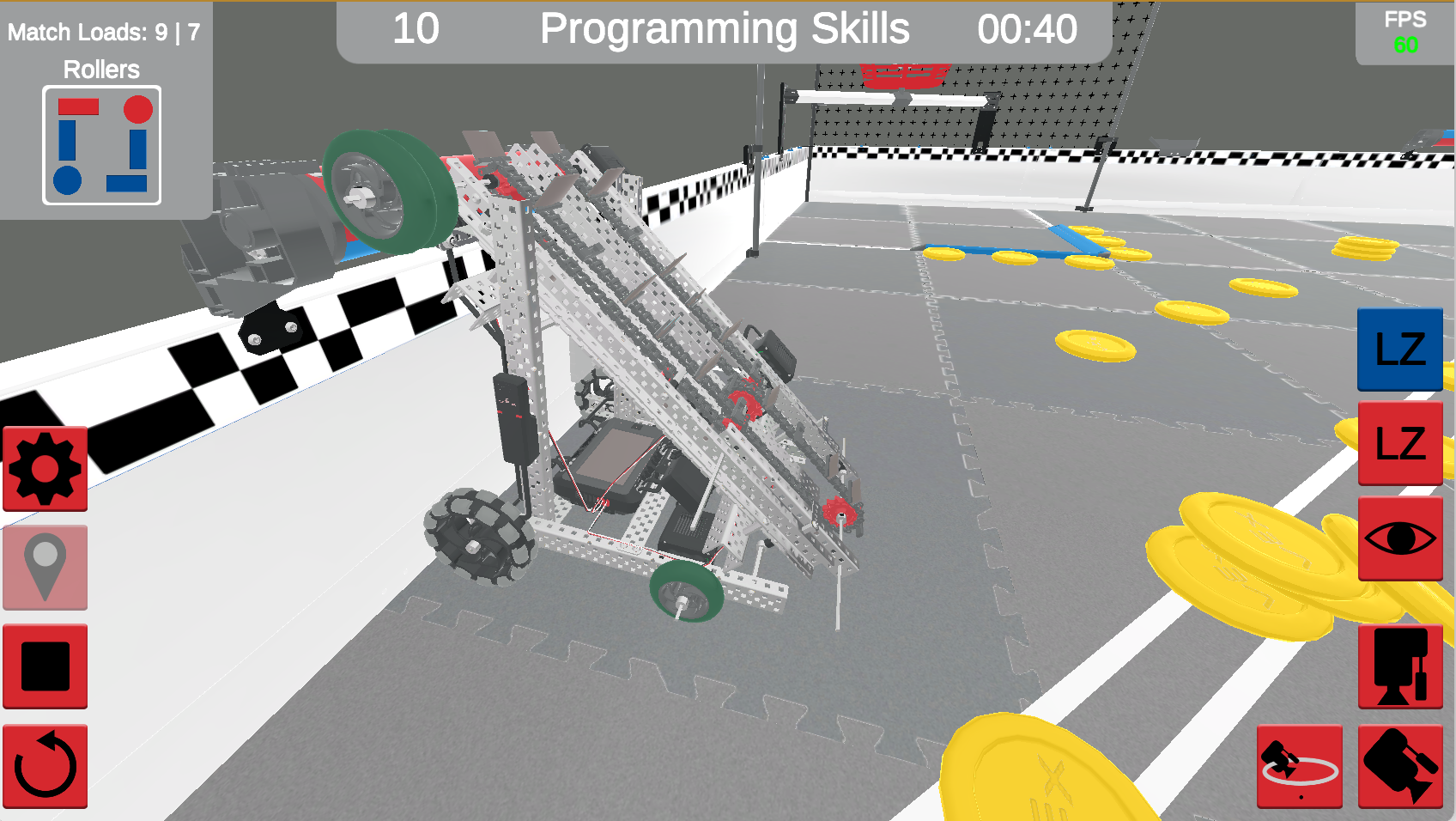 Diagrama que ilustra la interfaz VEXcode VR, mostrando el entorno de codificación basado en bloques para programar un robot virtual, diseñado con fines educativos en STEM, específicamente para la competencia VRC Spin Up (2022-2023).