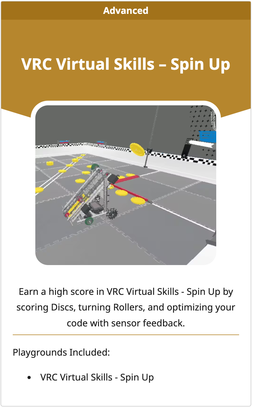 Captura de pantalla de la interfaz VEXcode VR que muestra el entorno de programación para VRC Spin Up (2022-2023), con opciones de codificación basadas en bloques y texto para el control de robots virtuales y actividades educativas STEM.
