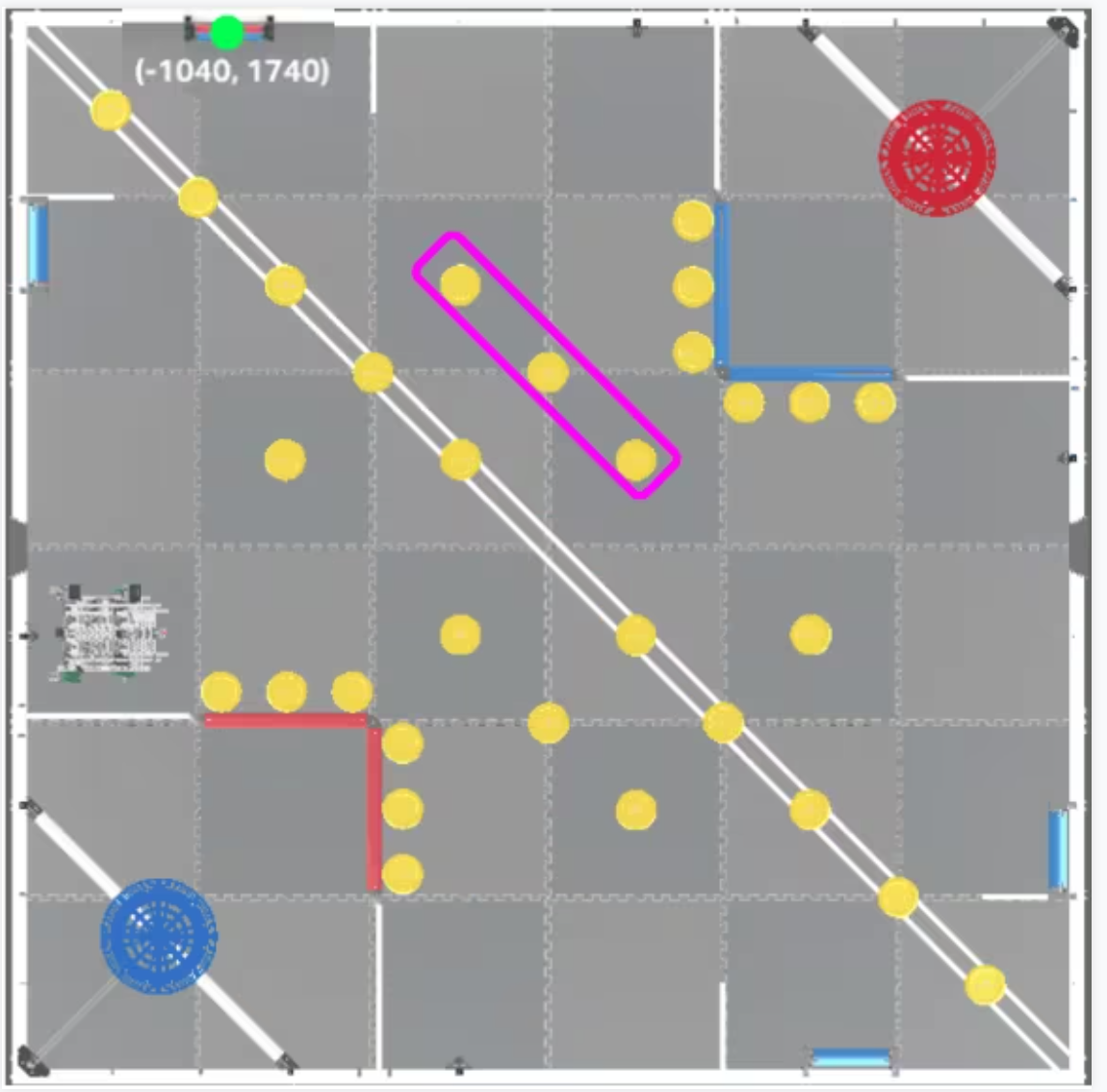 Capture d'écran de l'interface VEXcode VR présentant des éléments de codage basés sur des blocs et un robot virtuel, conçu pour enseigner les concepts de codage et les principes de la robotique dans le programme éducatif VRC Spin Up (2022-2023).