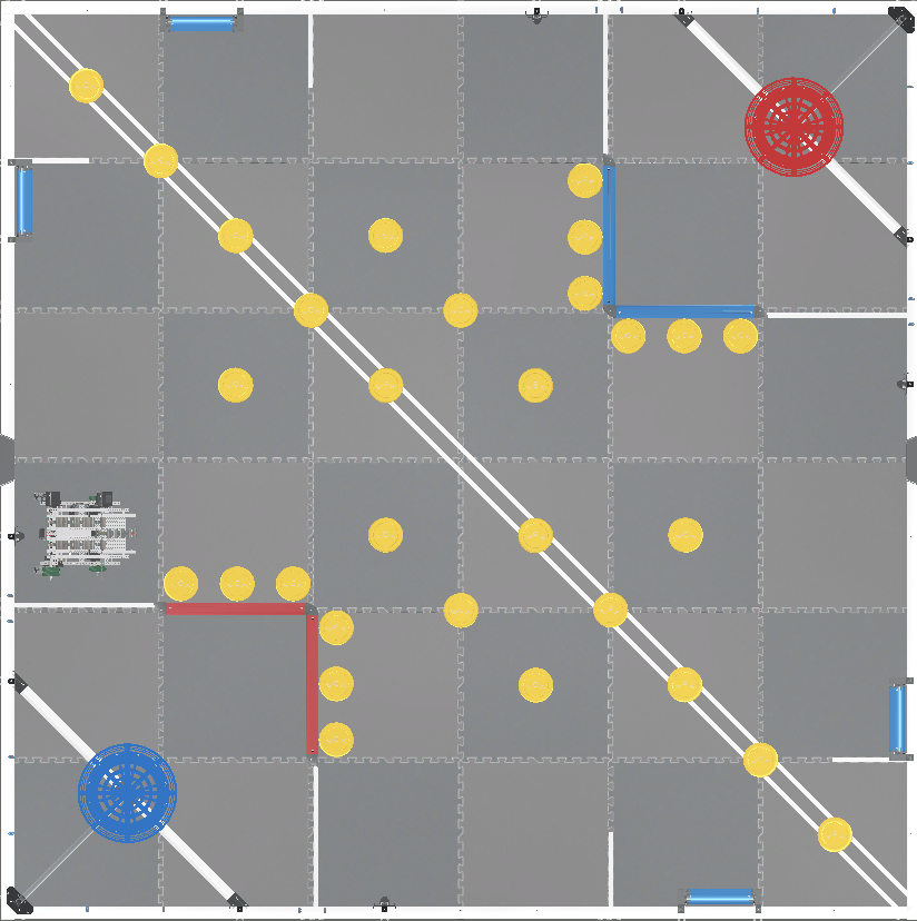 VEXcode VR saskarnes ekrānuzņēmums, kurā parādītas uz blokiem balstītas kodēšanas iespējas un virtuāls robots, kas izstrādāts, lai atvieglotu studentu un pedagogu kodēšanas apmācību programmā VRC Spin Up (2022–2023).