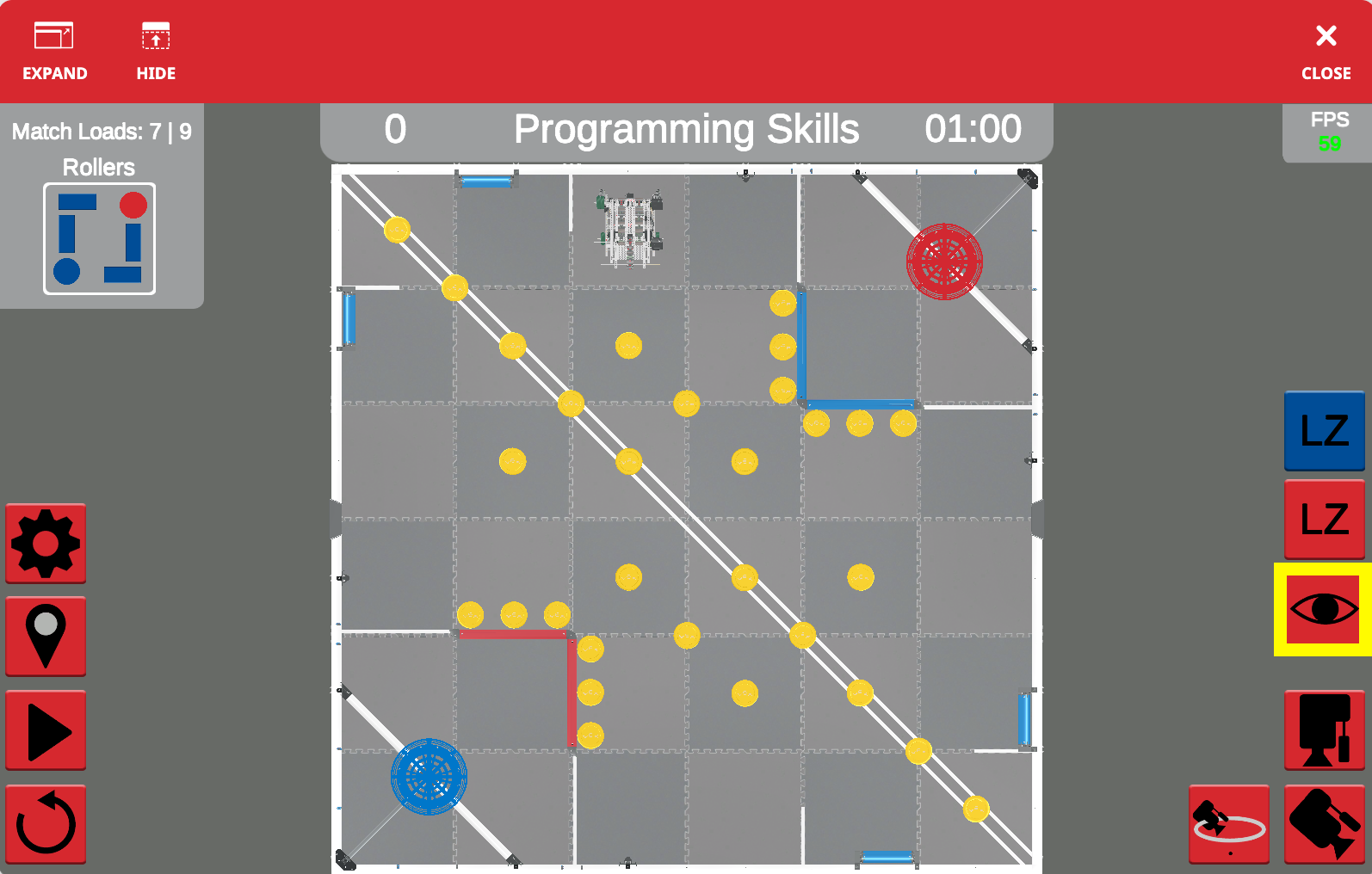 Capture d'écran de l'interface VEXcode VR présentant des options de codage par blocs et un robot virtuel, illustrant les fonctionnalités de la plate-forme pour l'enseignement des concepts de codage dans le programme éducatif VRC Spin Up (2022-2023).