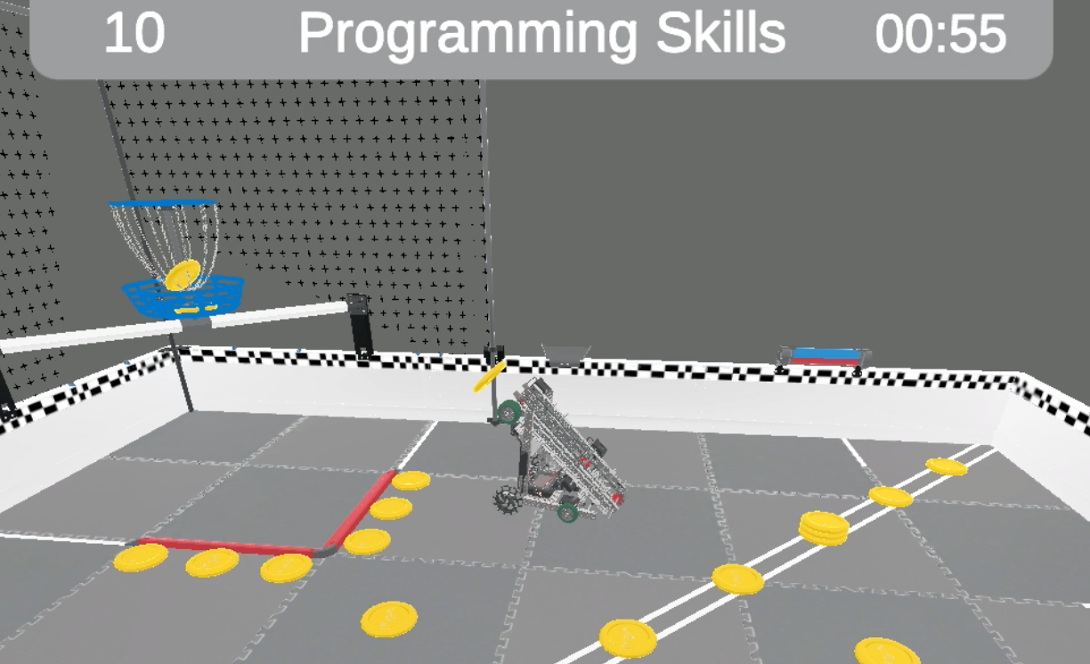 Tangkapan layar antarmuka VEXcode VR yang menampilkan lingkungan pengkodean berbasis blok, yang dirancang untuk mengajarkan konsep pengkodean melalui robotika virtual, sebagai bagian dari program pendidikan VRC Spin Up (2022-2023).