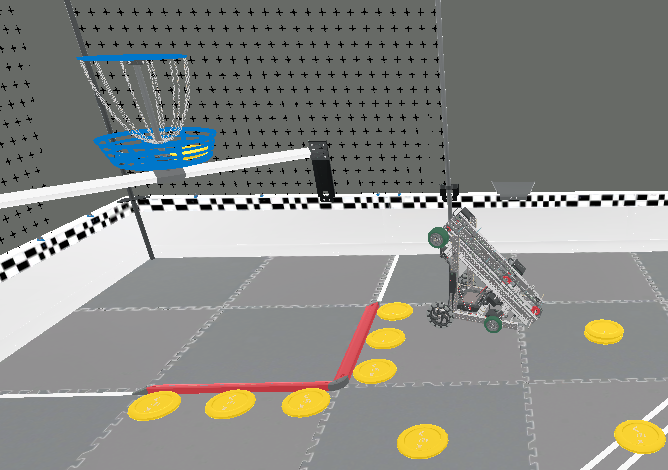 VEXcode VR saskarnes ekrānuzņēmums, kurā parādītas uz blokiem balstītas kodēšanas iespējas virtuālā robota programmēšanai, ko izmanto VRC Spin Up (2022–2023) izglītības programmā, lai mācītu kodēšanas koncepcijas un robotikas principus.