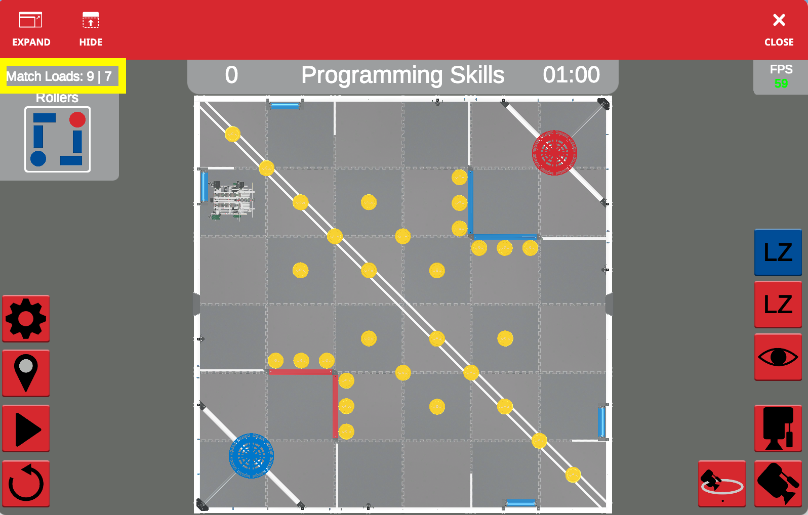 Captura de pantalla de la interfaz VEXcode VR que muestra opciones de codificación basadas en bloques y texto para programar un robot virtual, ilustrando características para objetivos educativos en la competencia VRC Spin Up (2022-2023).